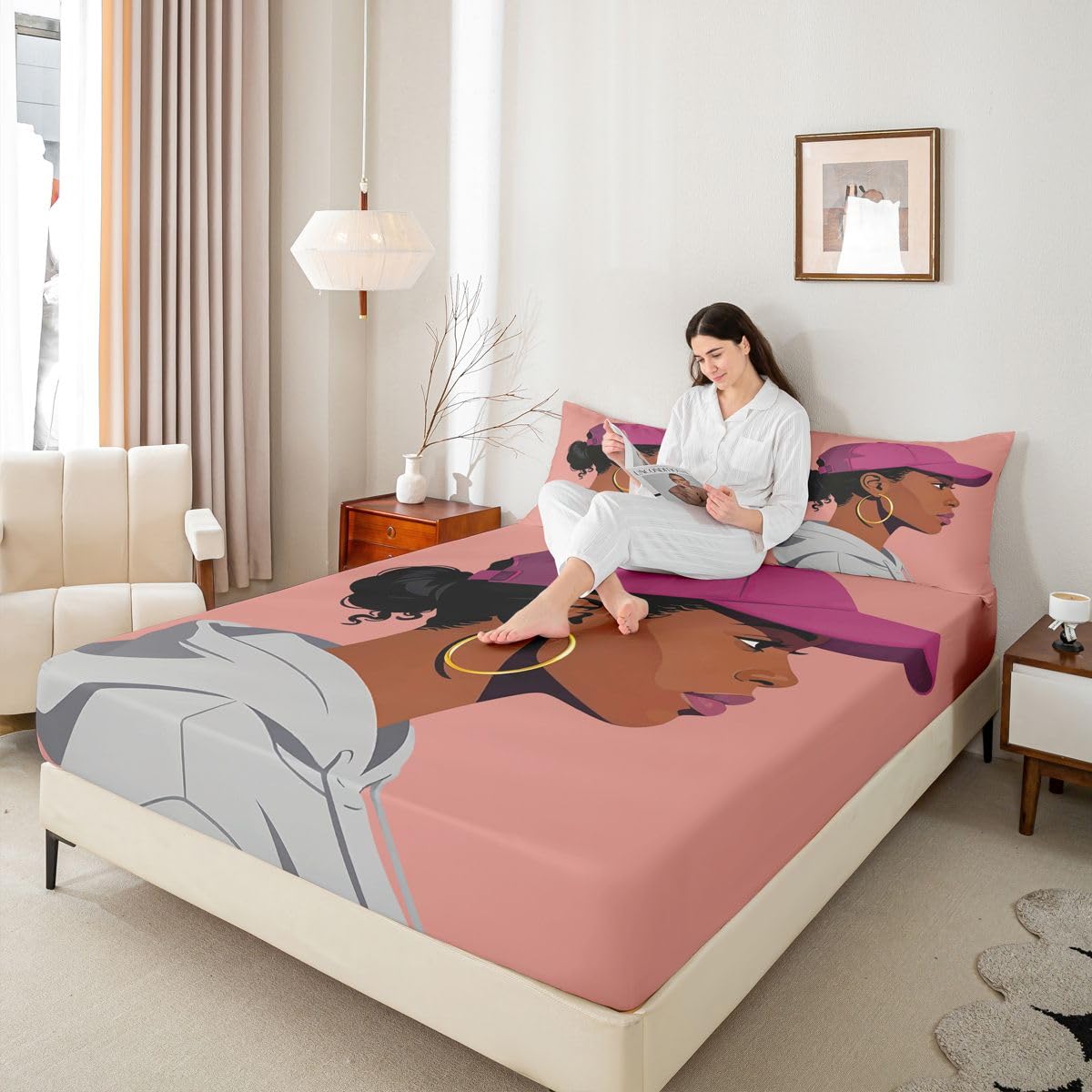 Erosebridal Black Girls Girls Bed Sheets Full Size Fashion Black Woman Fitted Sheet Vogue Fashionable Gorgeous Bedding Set for Kids Children Women Bedroom Decor African Princess Magical Sheets