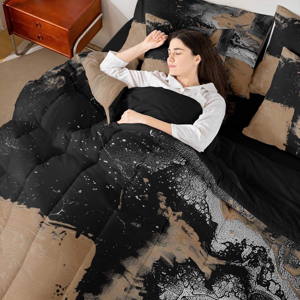Feelyou Abstract King Comforter Set with Sheets for Kids Boys Girls Modern Abstract Art 7 Pieces Bedding Set Luxury Bed in a Bag Geometric Room Decor Brown and Balck Soft Lightweight Microfiber