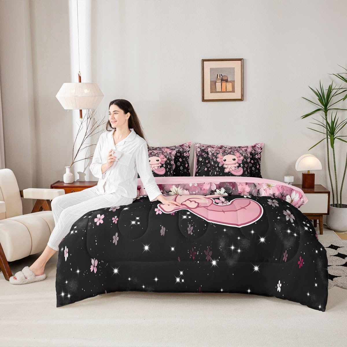 Pink Axolotl Queen Comforter Set Romantic Cherry Blossom Bed in a Bag with Flat and Fitted Sheet for Kids Girls Teens 7-Piece Bedding Set Girly Kawaii Animal Quilt Duvet SetsCartoon Axolotl