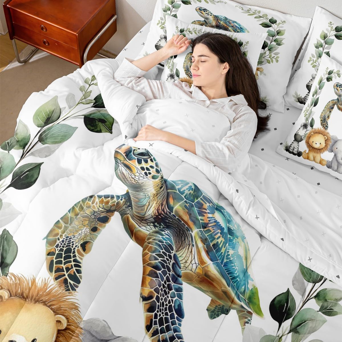 Erosebridal Cute Zoo Animal Twin Size Comforter Set with Sheets Kids | Tortoise Sea Turtle 7-Piece Bedding Set Botanical Eucalyptus Bed in a Bag Cartoon Zebra Lion Elephant Giraffe Bed Quilt Sets