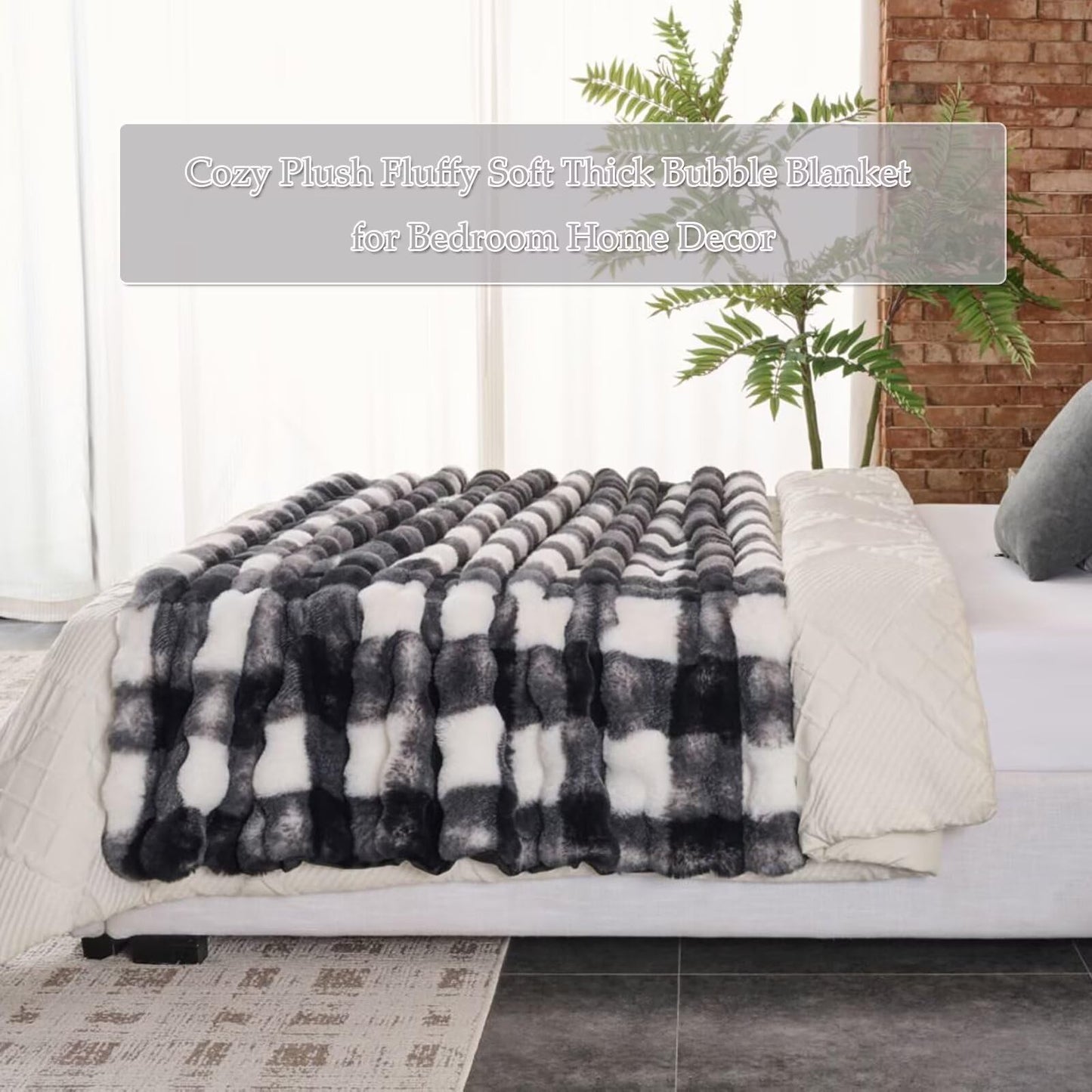 760GSM Faux Rabbit Faux Fur Throw Blanket,Super Thick Warm Bubble Blanket Throw,Fuzzy Luxury Plush Decorative Blanket for Couch Bed Sofa(Checkerboard Print in Black/White,50''x 60'')