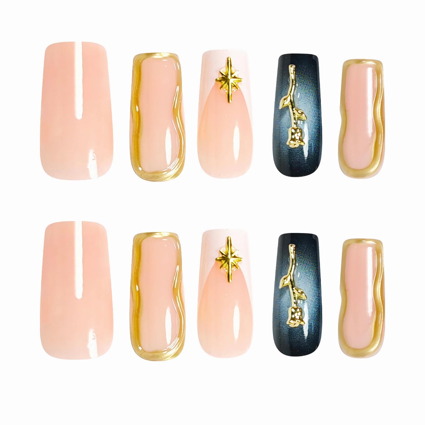 BABALAL Press on Nails Long Square Fake Nails Ombre Fall Glue on with Gold Rose Charm Luxury 3d Texture Handmade Design Y2k Manicure 24Pcs Acrylic False Nails for Women Girls