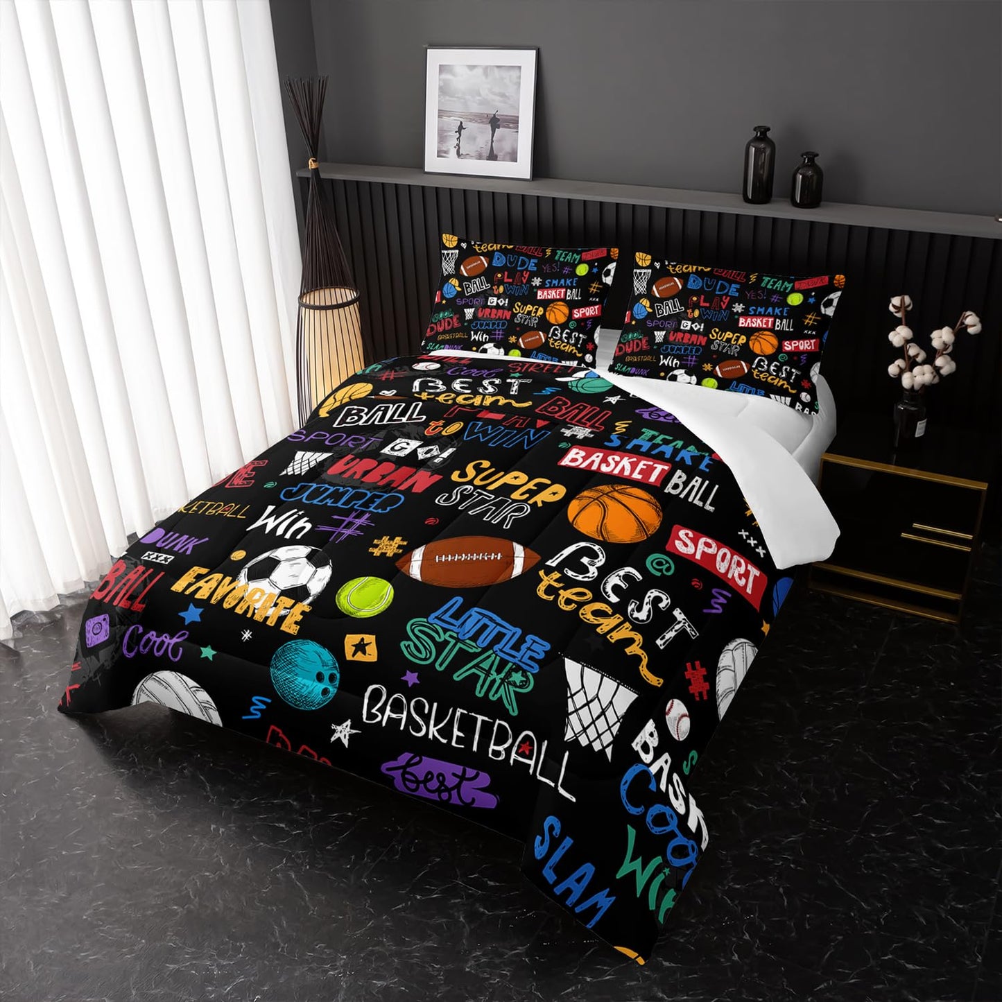 Nttopship Sports Ball Twin Comforter Set,Football Rugby Basketball Bedding Set for Kids Boys Girls Youth Ball Sports Themed Bedroom Decor Bedding Set 3 Pcs Bed in A Bag (1 Comforter, 2 Pillow Case)