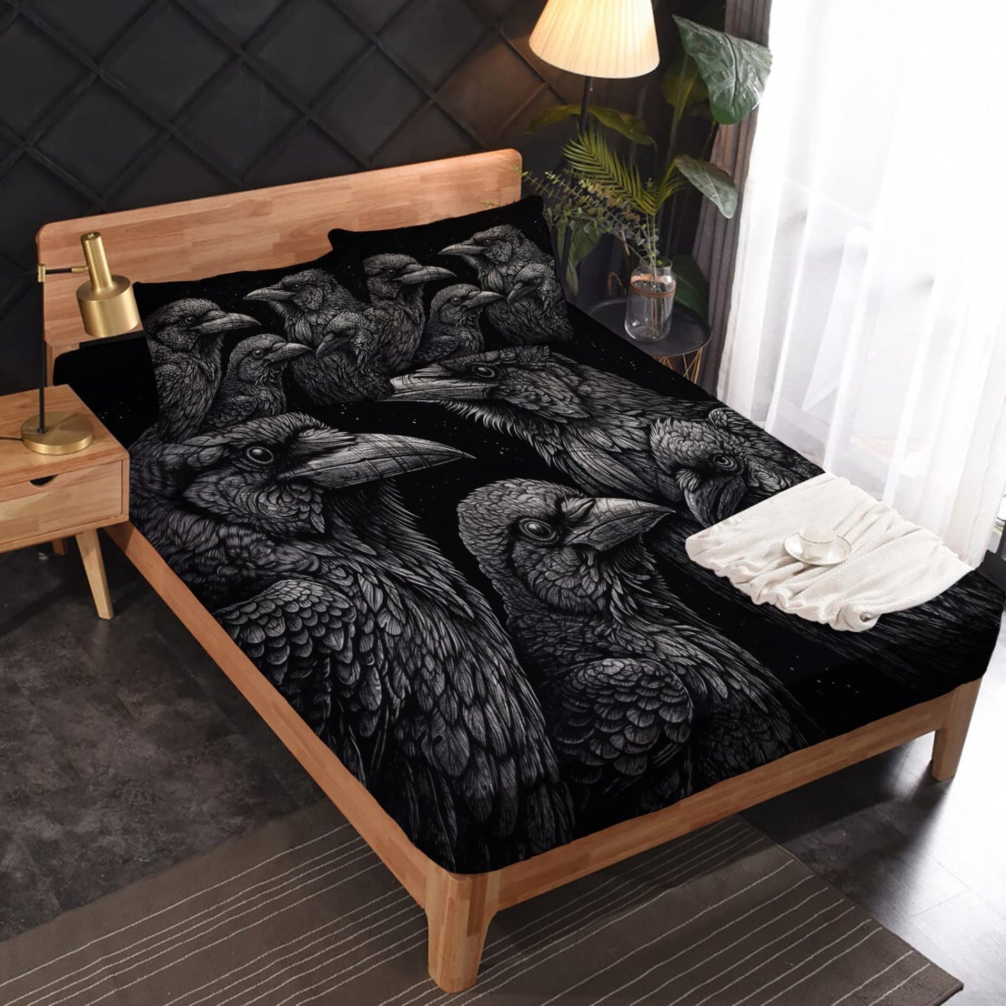 zcwl Queen Sheets Set, Crow Bed Sheets - Microfiber Bedding Sheets & Pillowcases 4 Piece, Bird Black Patterned Sheet Set, 16 Inch Deep Pocket Fitted Sheet, Silky Soft Wrinkle Free