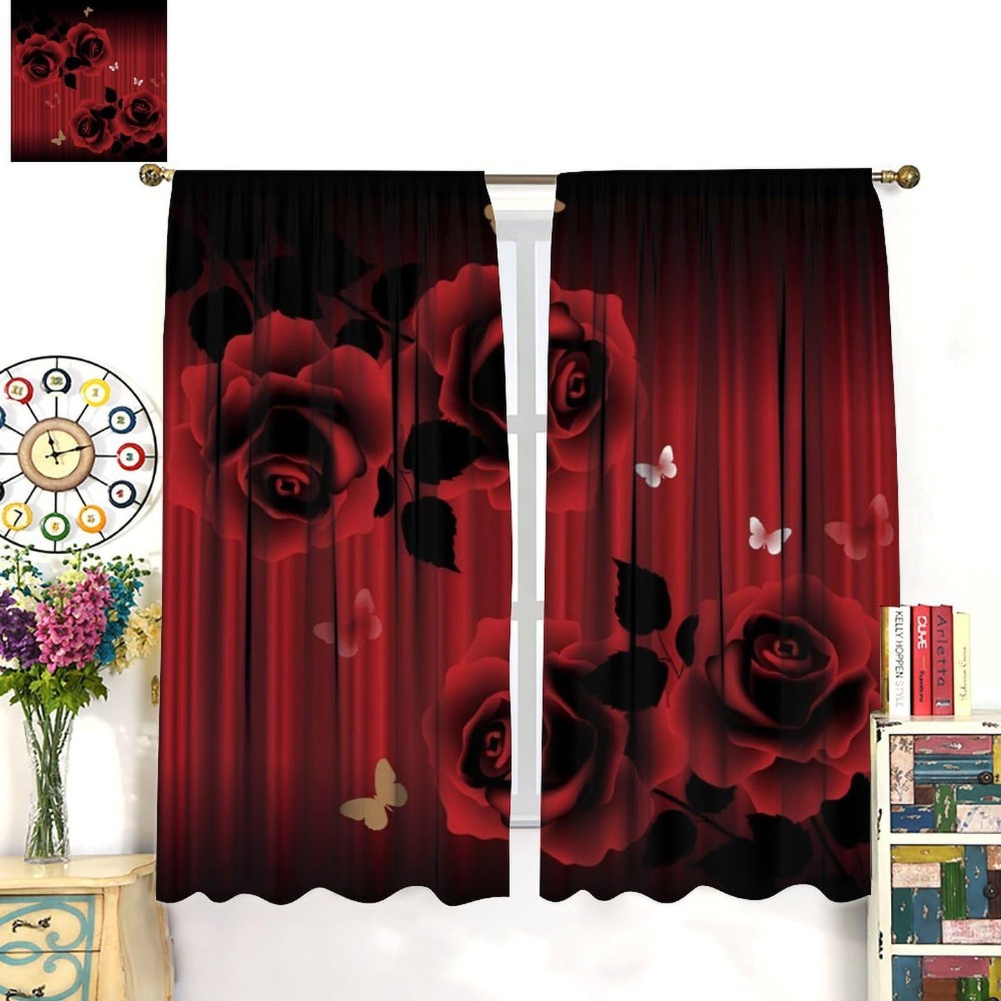 Nsbul Red Rose Curtains, Romantic Love Flower Floral Butterfly Luxury Design Window Drapes for Bedroom Living Room Valentine Day, 42" W X 45" L (No Blackout)