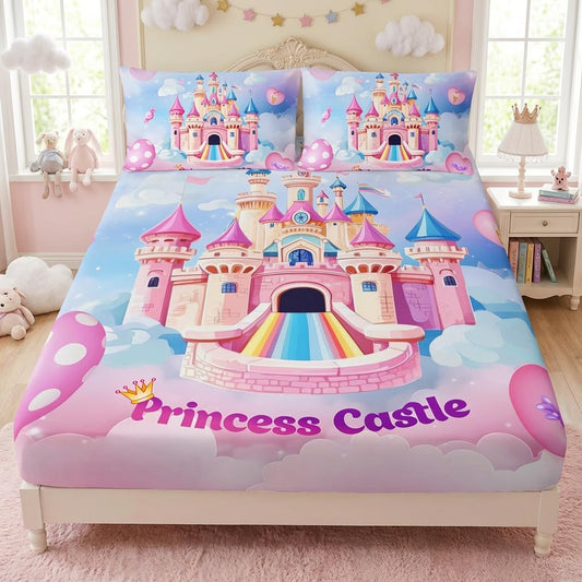 AILONEN Fairy Castle Fitted Sheet Set Twin XL Size, Pink Princess Castle Bedding Set for Kids Teens Girls,Sky Love Candy Bed Sheet Set,1 Fitted Sheet + 2 Pillowcases,3Pcs