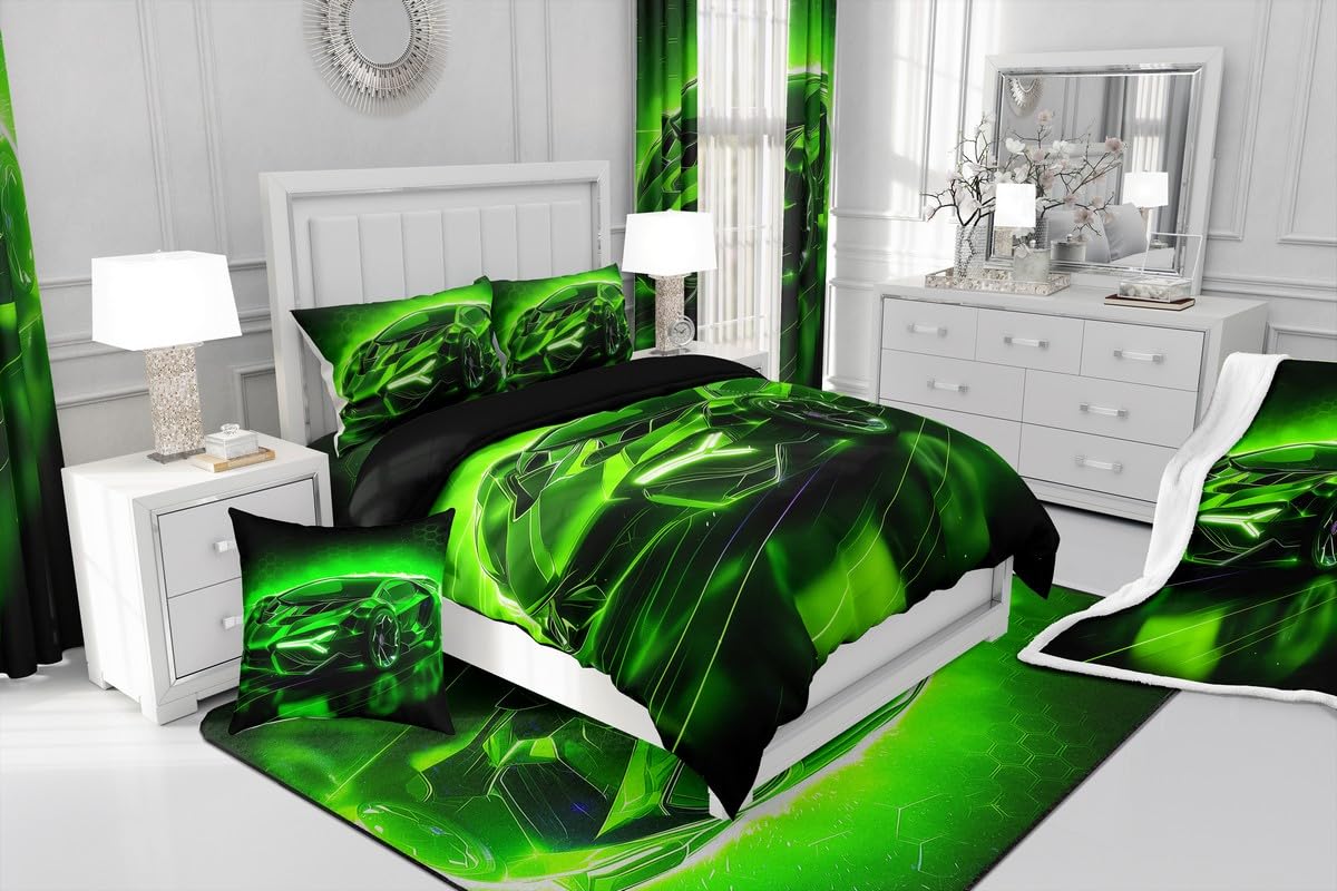Feelyou Kids Boys Race Car 7 Piece Bedding Set Full Size Green Sports Car Comforter Set with Sheets for Kids Teens Boys Girls Extreme Sports Theme Bed in a Bag Speed Luxury Car Bed Set