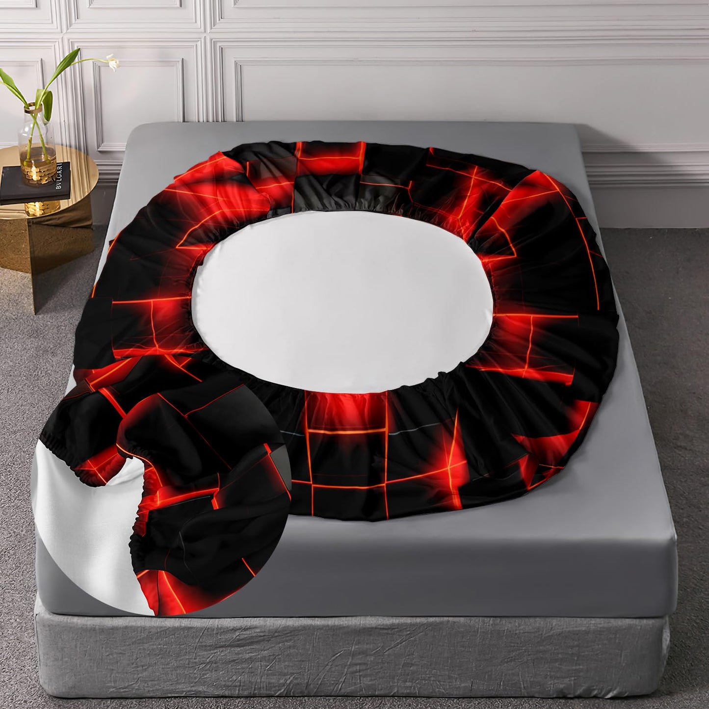 AILONEN Black and Red Checkered Fitted Sheet Set Queen Size,Abstract Square Plaid Modern Geometric Bed Sheet Set,3-Piece Gradient Neon Cubes Themed Bedding Set,1 Fitted Sheet with 2 Pillowcases