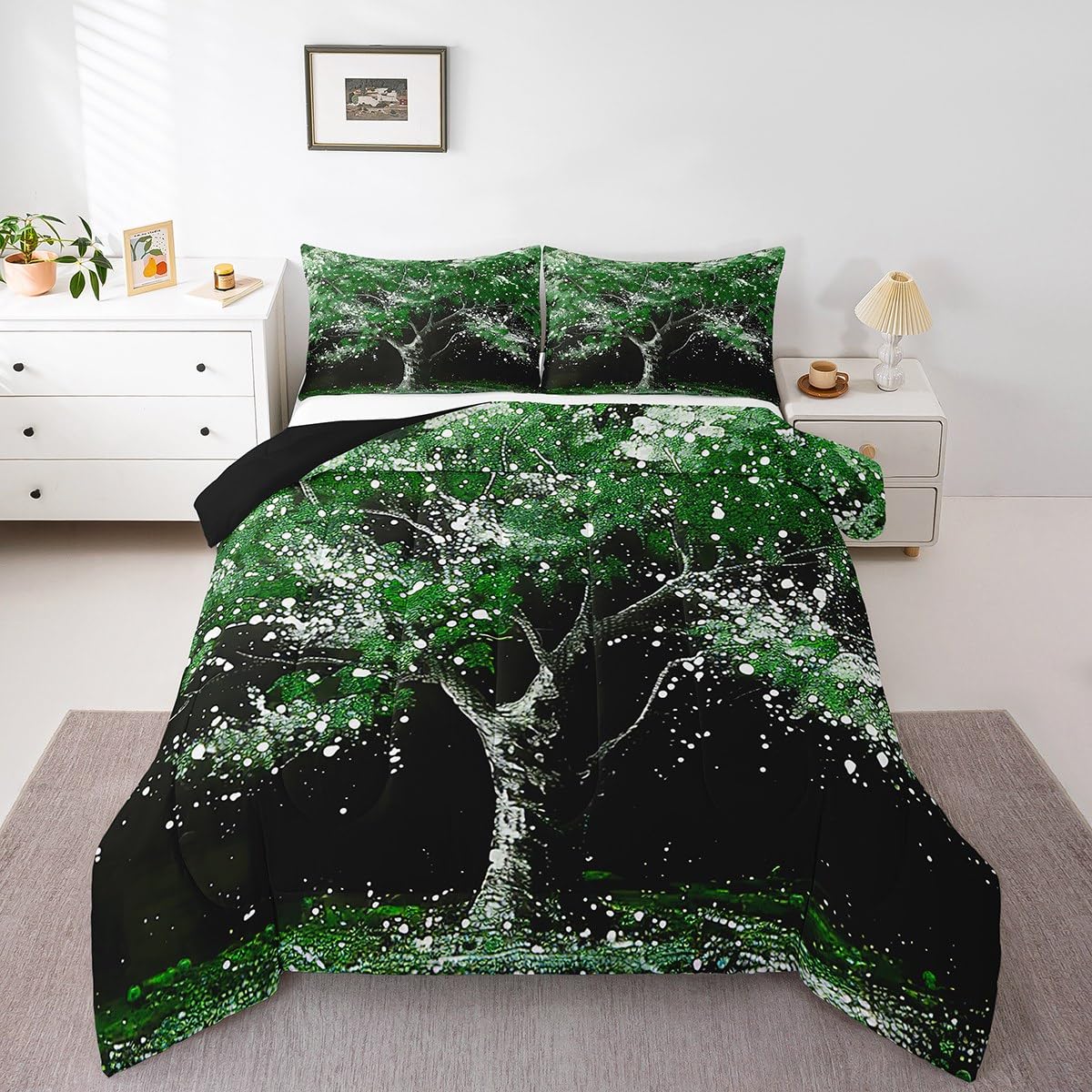 Manfei Green Tree Comforter Set for Kids,Abstract Nature Grass Bedding Set Teens Boys Room Decor,Tree Painting Print Comforter with 1 Pillowcase for All Seasons,Twin