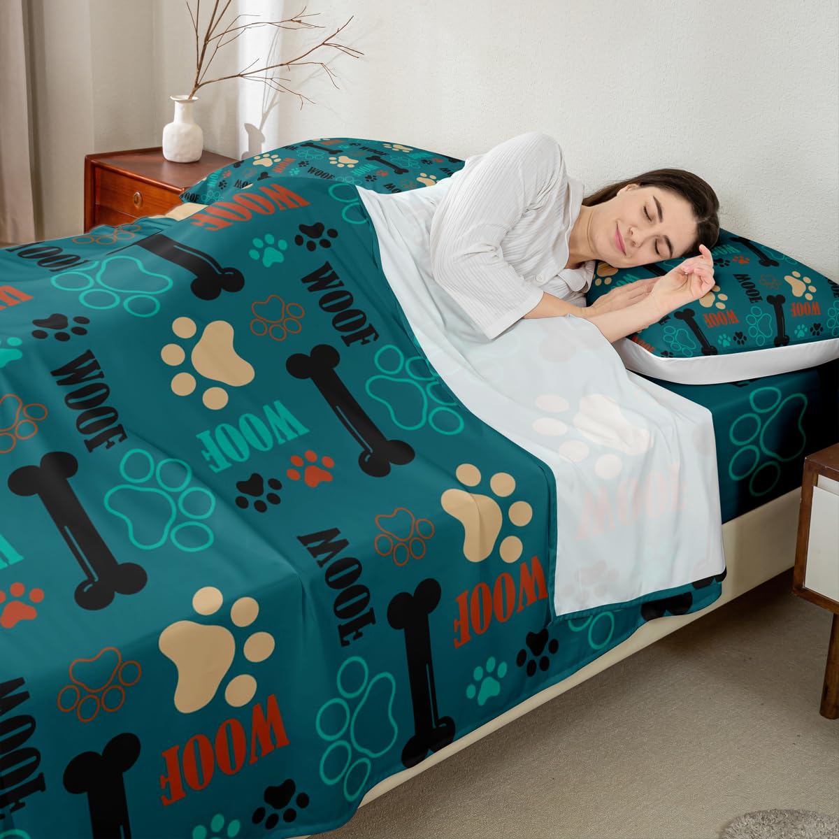 Cute Dog Paw Print Bed Sheet Set Twin Size,Puppy Dog Pets Lovers Style Fitted Sheet + 1 Flat + 1 Pillow Sham,Bone Cartoon Animal Green Bed Mattress Cover for Kids Boys Gift,Ultra Soft