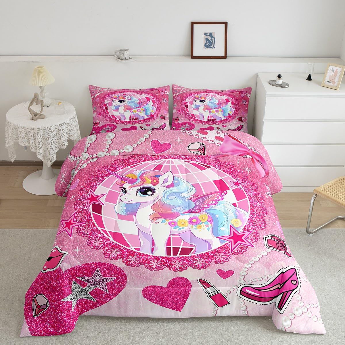 Cartoon Unicorn Kids Comforter Set Queen Size,Bowknot High-heeled Shoes Lip Romantic Bedding Set,Girls Women Room Decor,Stars Sparkling Princess Down Comforter,Pink Cute Duvet Insert,2 Pillowcases