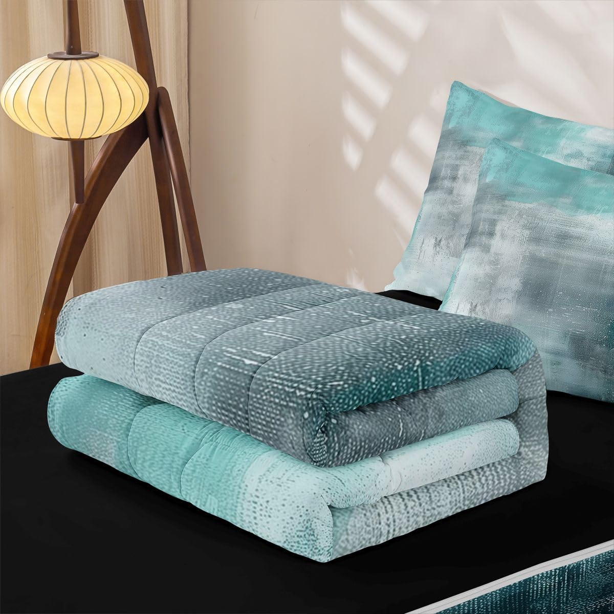 jejeloiu Abstract Twin Zipper Bedding Set Modern Art Kids Comforter Set with Fitted Sheet and 2 Pillowcases Cyan Bed in a Bag Zip Up Bedding Soft Microfiber