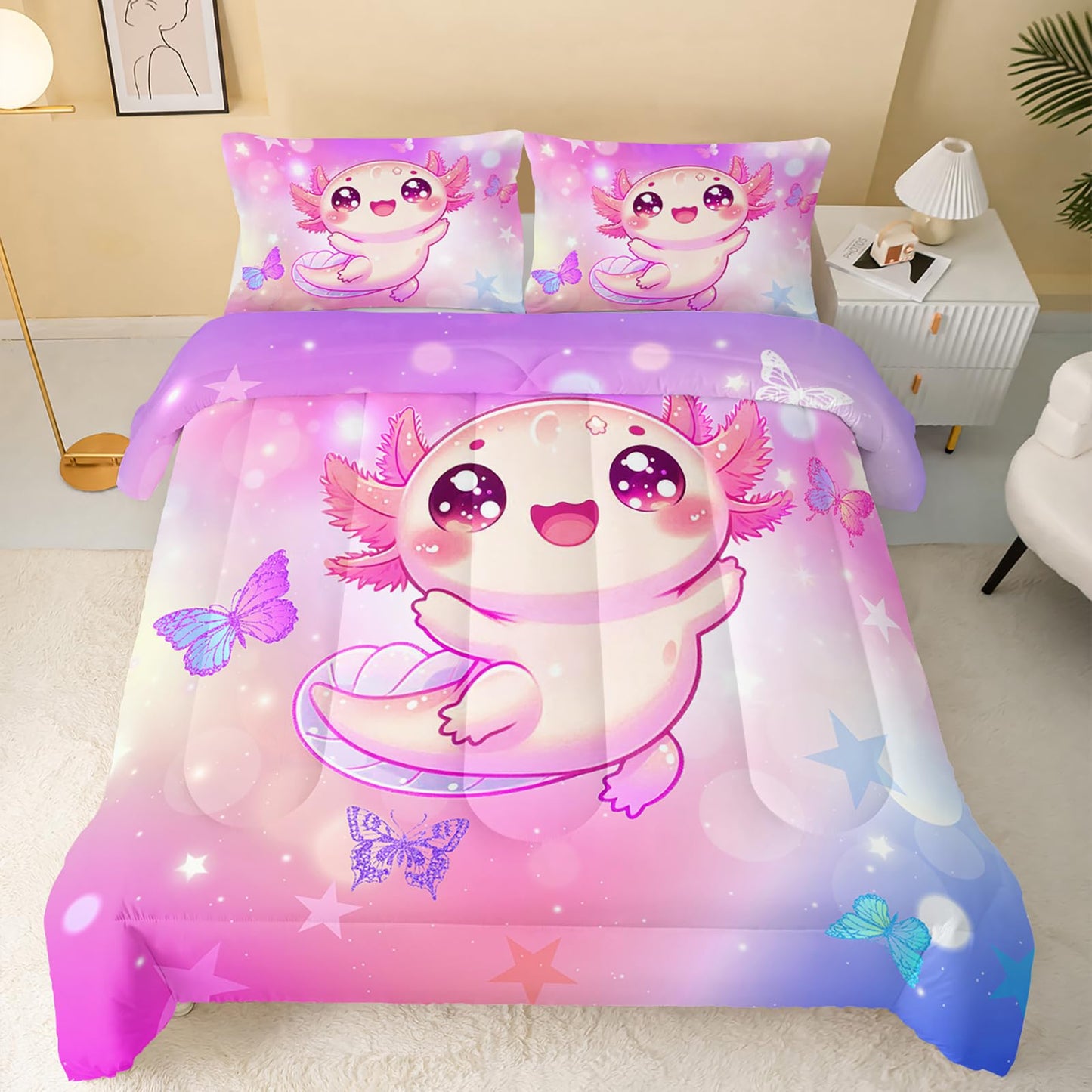 QOOMO 3Pcs Axolotl Comforter Set Twin,Kawaii Salamander Bedding Set for Teens Boys Girls,Butterfly Printed Comforter with 2 Pillowcases,Down Alternative,Soft and Lightweight