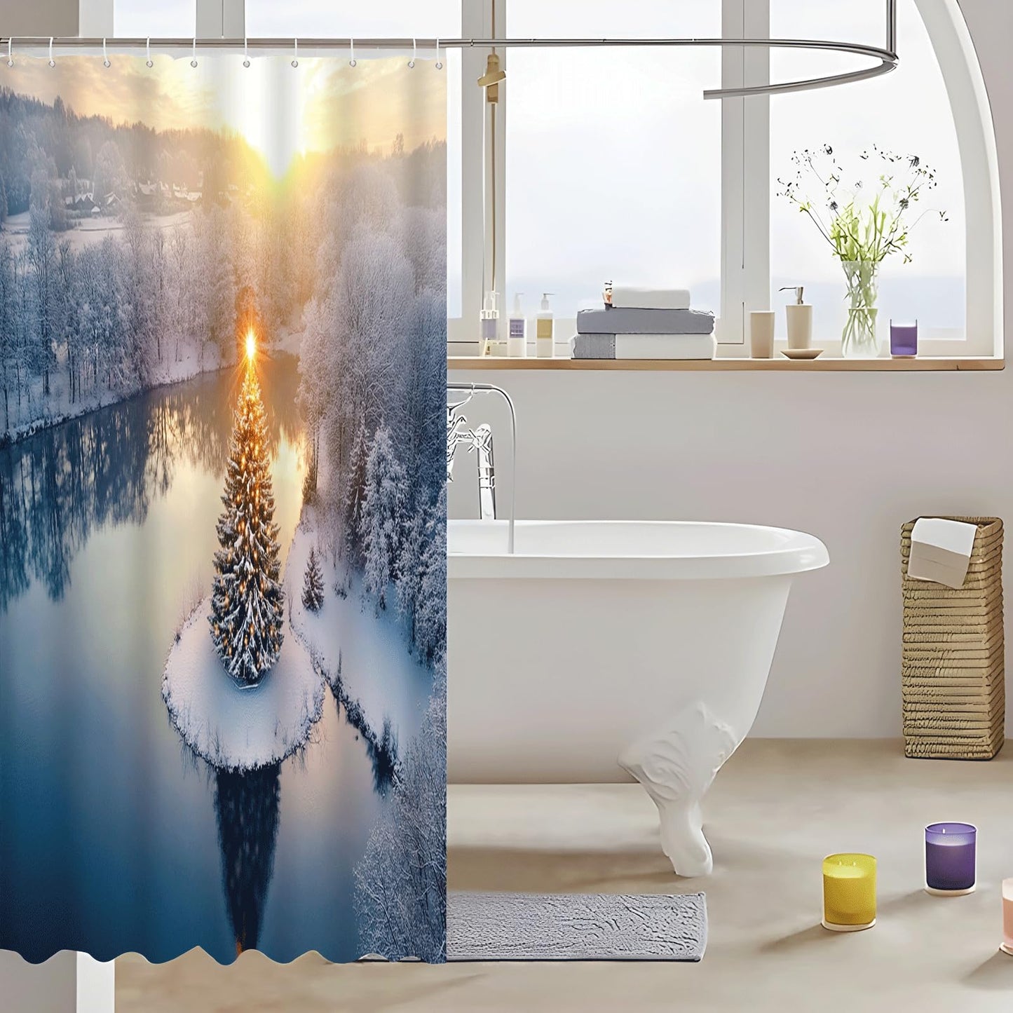 ZROLUW Christmas Snow Scene Shower Curtain,48" W x 72" L Shower Curtains for Bathroom, Fabric Bath Curtain Sets Decor with Hooks