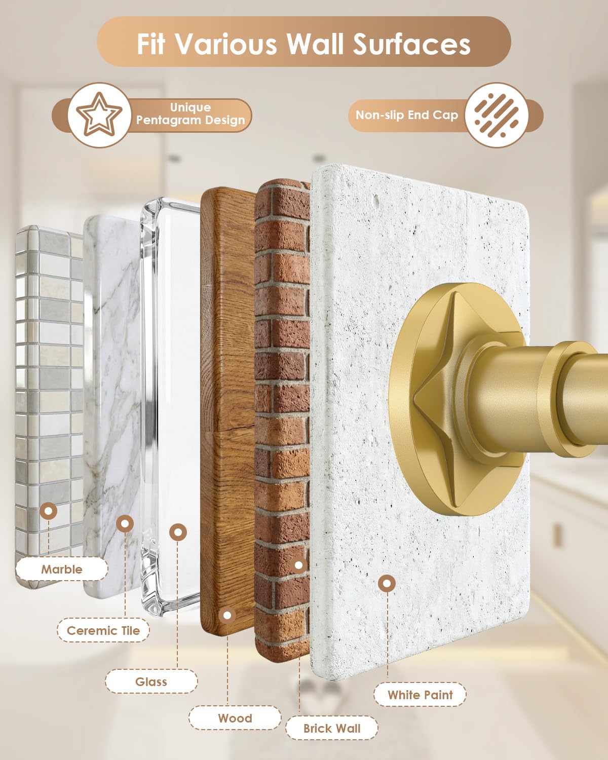Haryaers Gold Tension Shower Curtain Rod 30-96 In (8ft) 1.1" Diameter Stainless Steel, Rustproof Heavy Duty, No Drilling Adjustable Room Divider for Bathroom Window Patio Closet