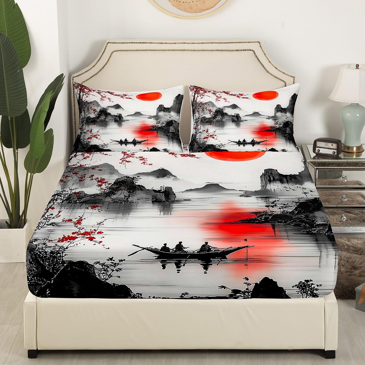 Feelyou Japanese Theme Bedding Sheets Full Cherry Blossom Bed Sheet Set for Adult Kids Watercolor Fitted Sheet Natural Landscape Bed Cover 3Pcs,1 Fitted Sheet+2 Pillow Sham（No Flat Sheet）