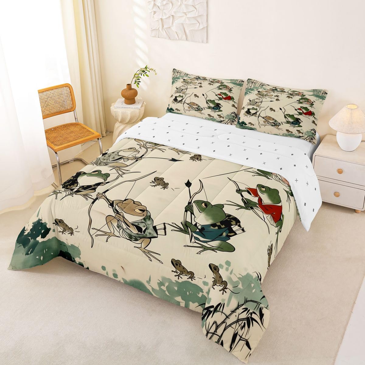 jejeloiu Funny Frog Bedding Set Soft for Boys Girls, Japanese Comforter Set Queen Size Asian Style Duvet Quilt Microfiber Animal Print Bedroom Decor 3 Pcs with 2 Pillow Cases