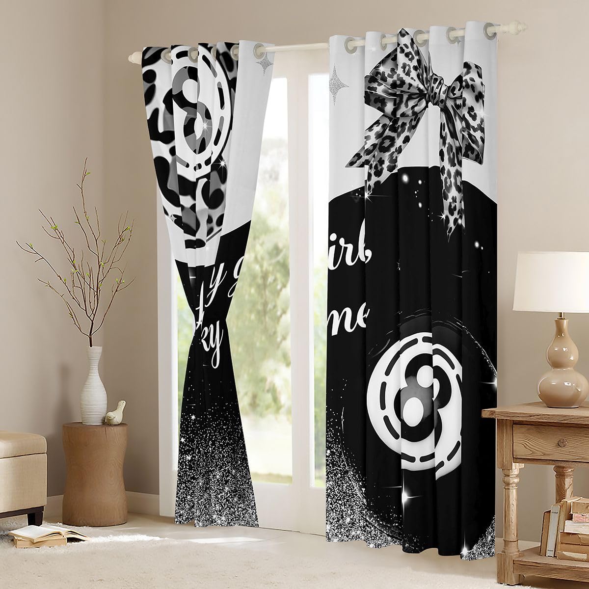 Erosebridal Black Grey Leopard Blackout Curtains for Bedroom Fashion Y2K Lucky 8 Ball Window Curtains 2 Panels 42" Wx63 L Cheetah Print Bow Drapes,Coquette Aesthetic Preppy Window Treatments