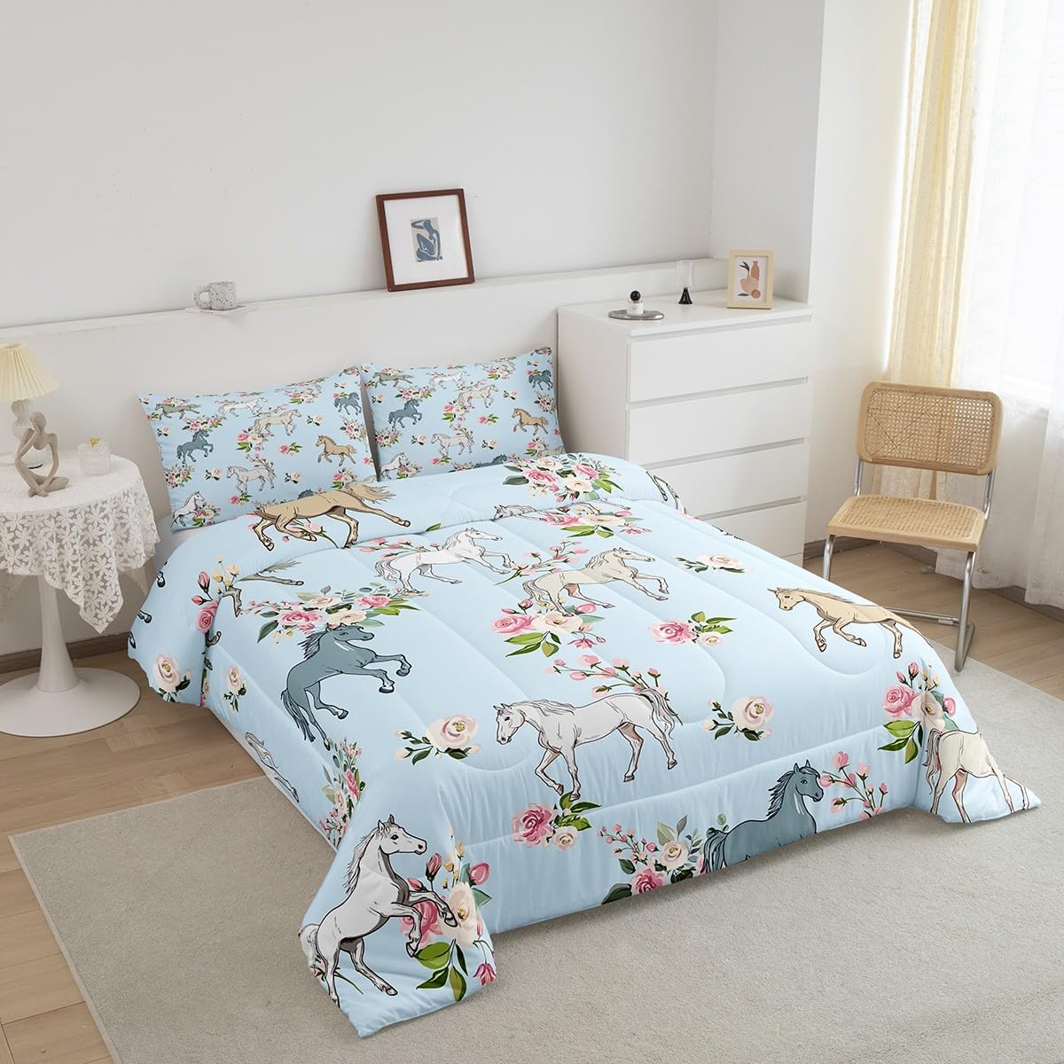 Erosebridal Horse Quilt Queen Size, Farmhouse Western Cowboy Cowgirls Duvet Insert for Kids Boys Girls Teens, Cartoon Kawaii Horse Bedding Set, Rustic Rose Floral Comforter Set + 2 Pillow Cases