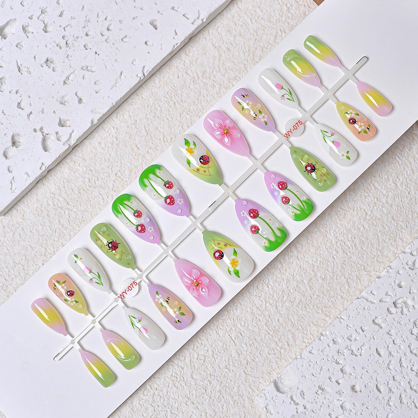 24Pcs Summer Flower Press on Nails Medium Kit Colorful - 3D Ladybug, Strawberry Flower, French Almond-Shaped False Nails Spring Summer Nail Art Handmade Stick on Nails for Women