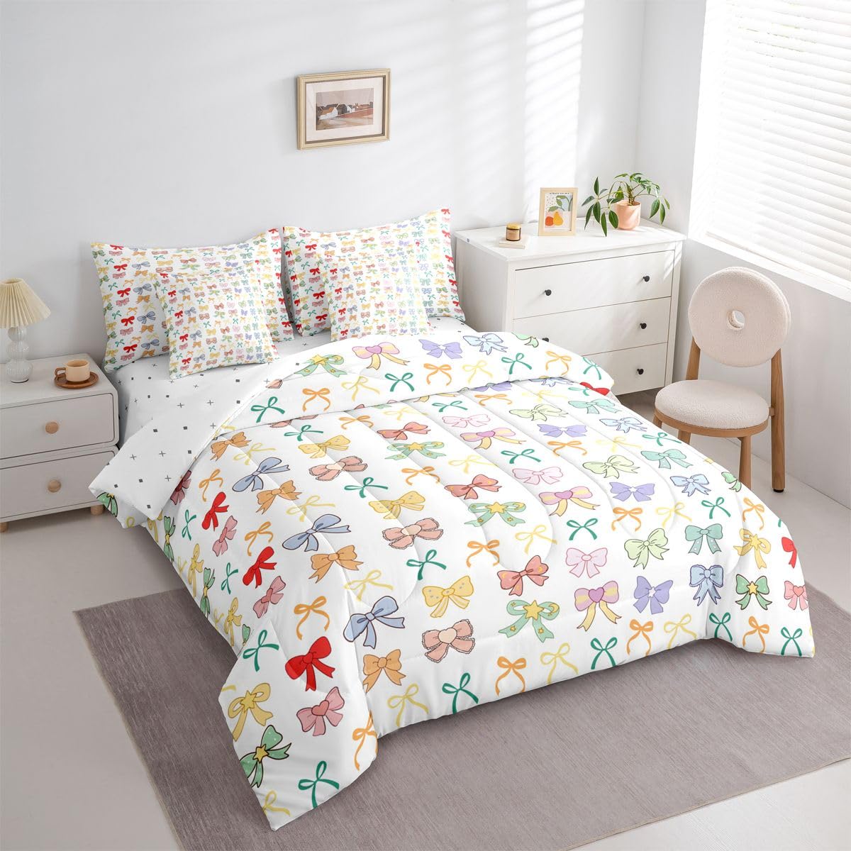 Erosebridal Bowknot Full Comforter Set Coquette Bows 7 Pieces Bedding Dreamy Princess Style Bed Set with Sheets Bow Tie Bed in A Bag Bedroom Decor
