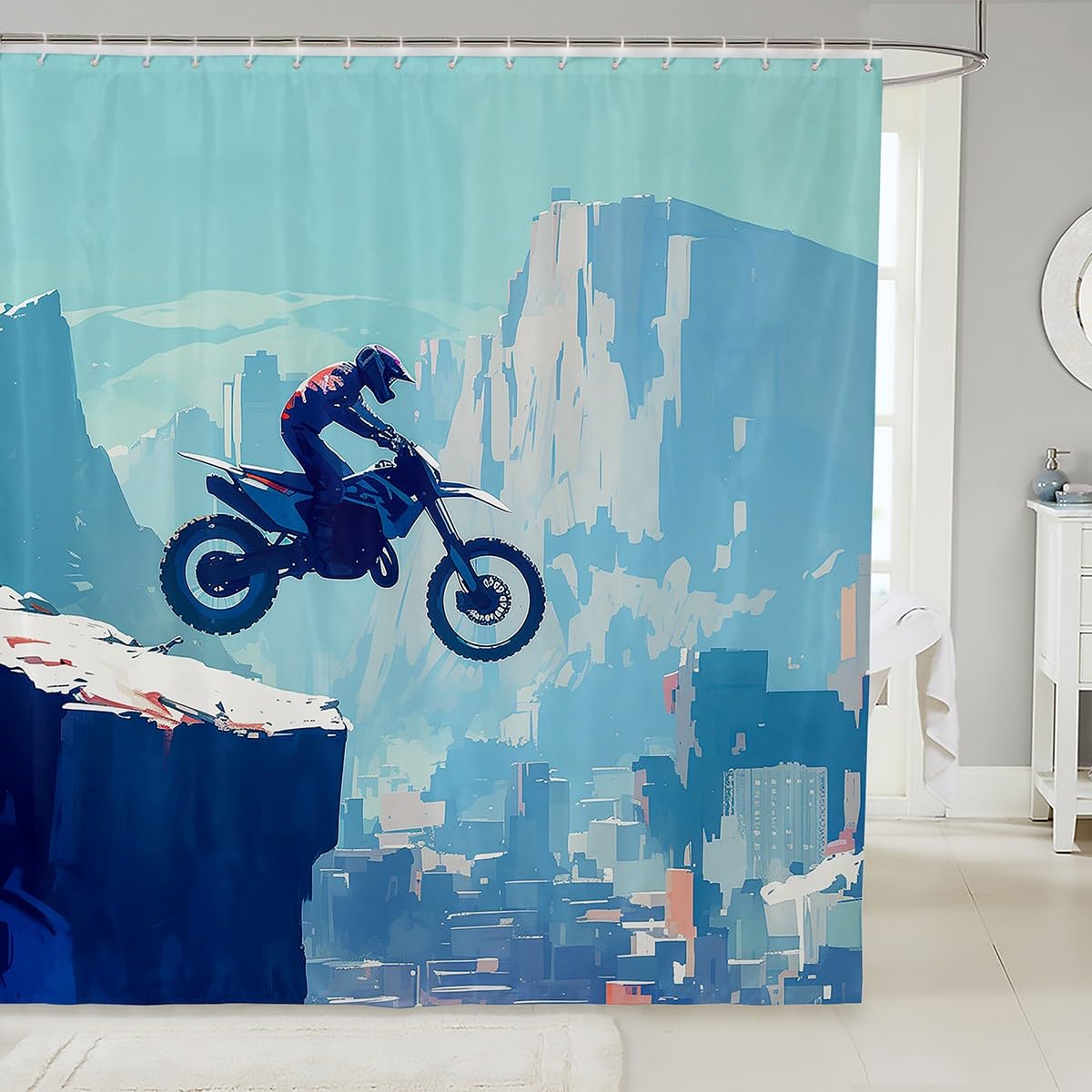 Feelyou Boys Girls Dirt Bike Shower Curtain Racing Motocross Bath Curtain Motorcycle Bathroom Shower Curtain Set Kids Motorbike Teens Bathroom Accessories Bedroom Decor 72"x84"