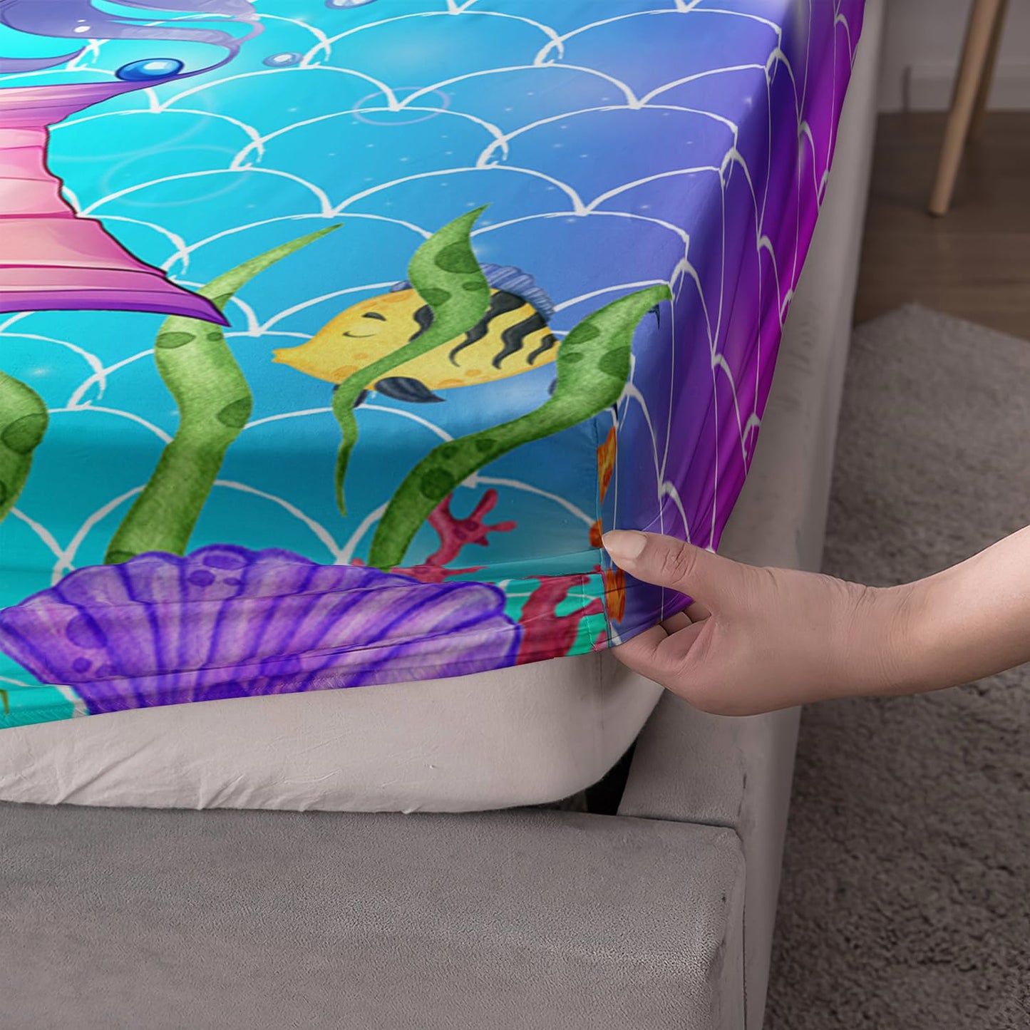 UEVBF Kids Cute Mermaid Fitted Sheet Set Full Size,Black Little Girls Pattern Bedding for Kids Girls Bedroom,Mermaid Scale Seaweed Bedding Sets,1 Fitted Sheet+2 Pillowcases.