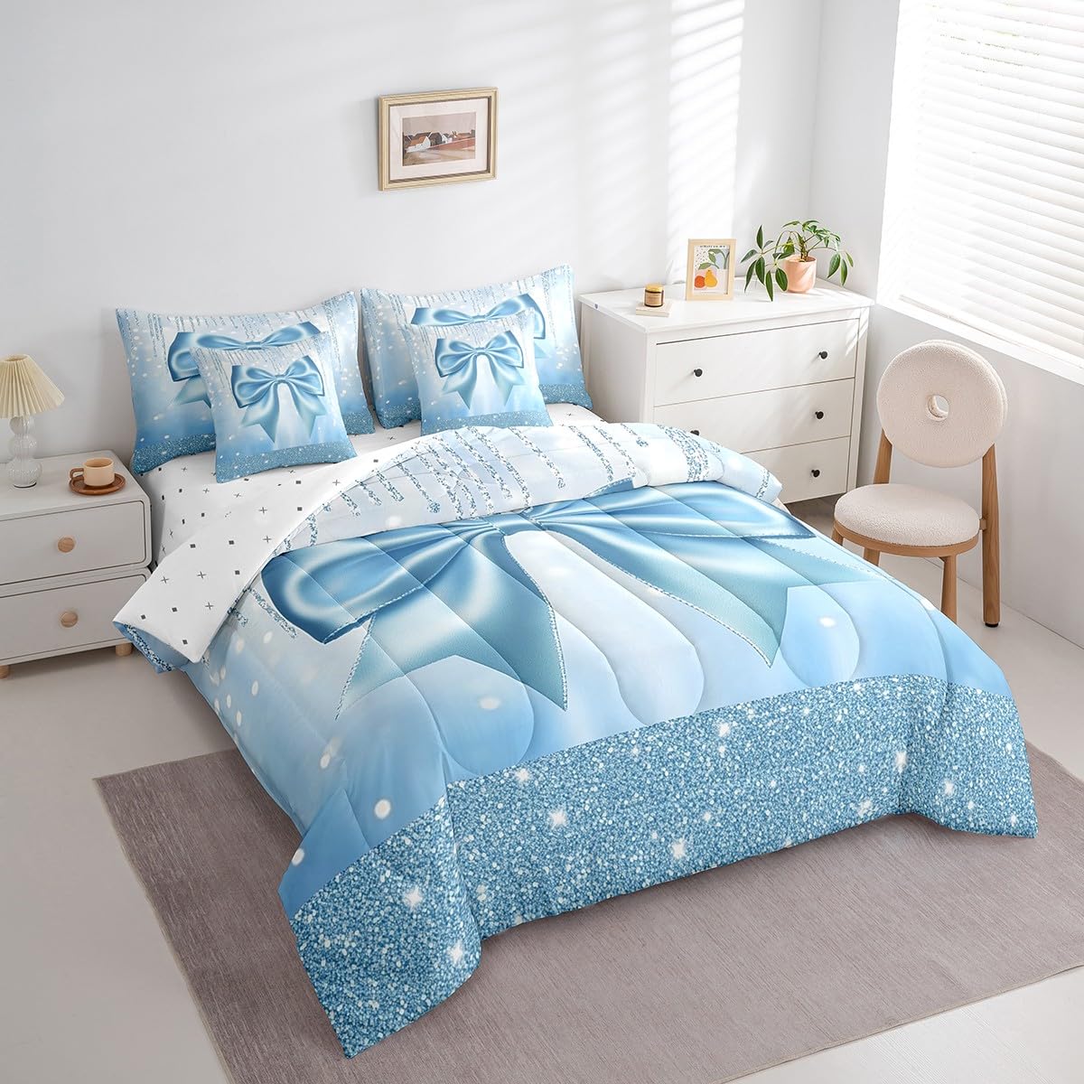 Feelyou Kids Cute Bowknot 7 Pieces Bedding Set Twin Size, Dreamy Princess Comforter Set with Sheets Boys Girls Glitter Bed in A Bag Blue Bow Teens Bed Set Bedroom Decor 7Pcs