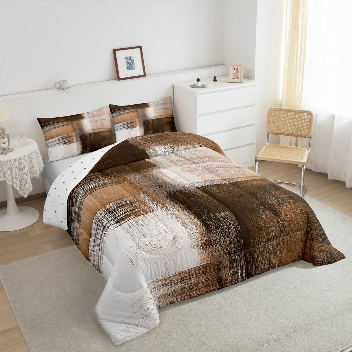 Feelyou Brown Abstract Art Comforter Set for Kids Boys Girls Modern Art Bedding Set Queen Size Abstract Oil Painting Duvet Quilt Geometric Bedroom Decor Breathable Soft Lightweight Microfiber 3Pcs