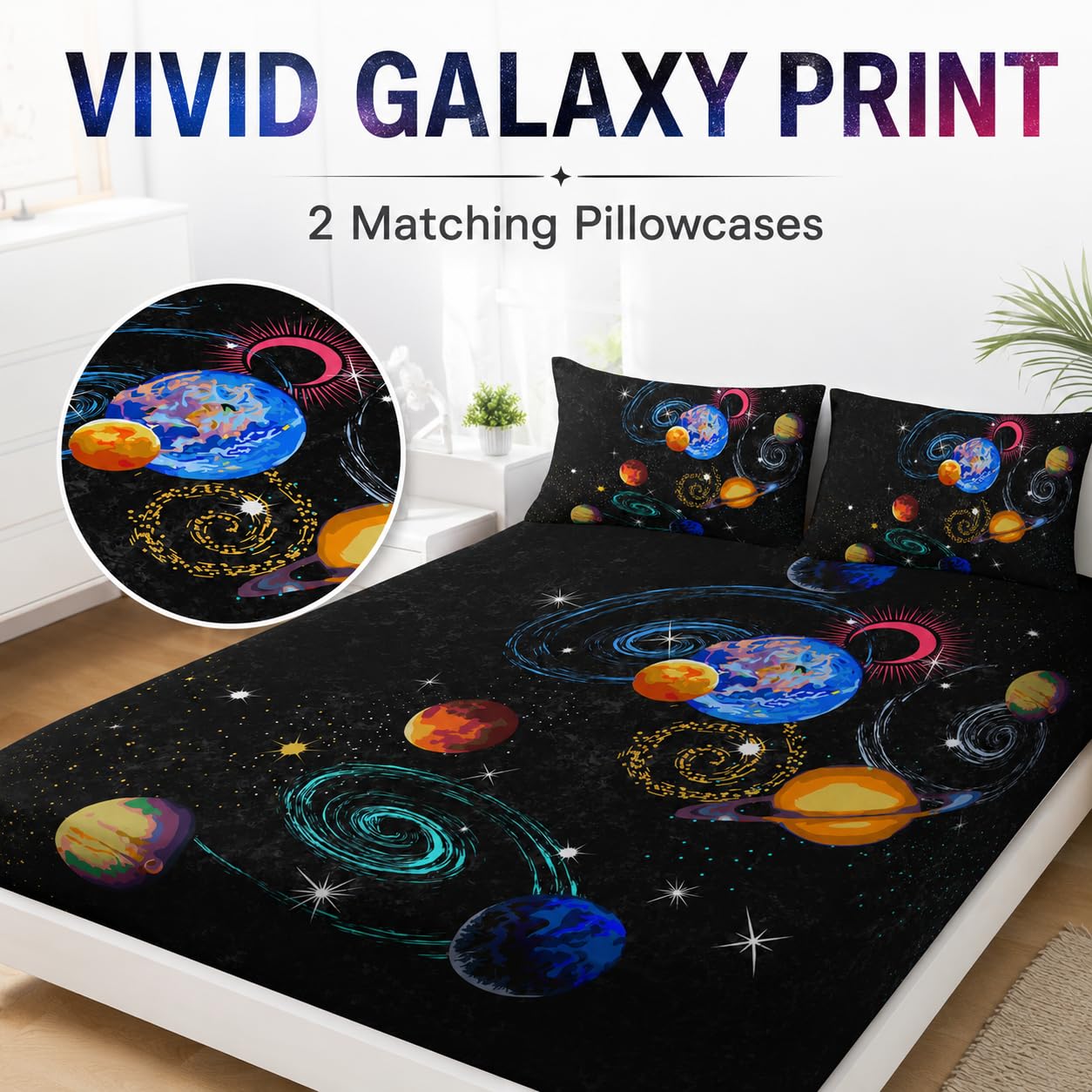 AILONEN Outer Space Twin XL Size Fitted Sheet 3 Pieces Set, Galaxy Starry Sheet for Kids Boys - Eight Planet Theme Soft Breathable Bed Sheet, 1 Fitted Sheet and 2 Pillowcases