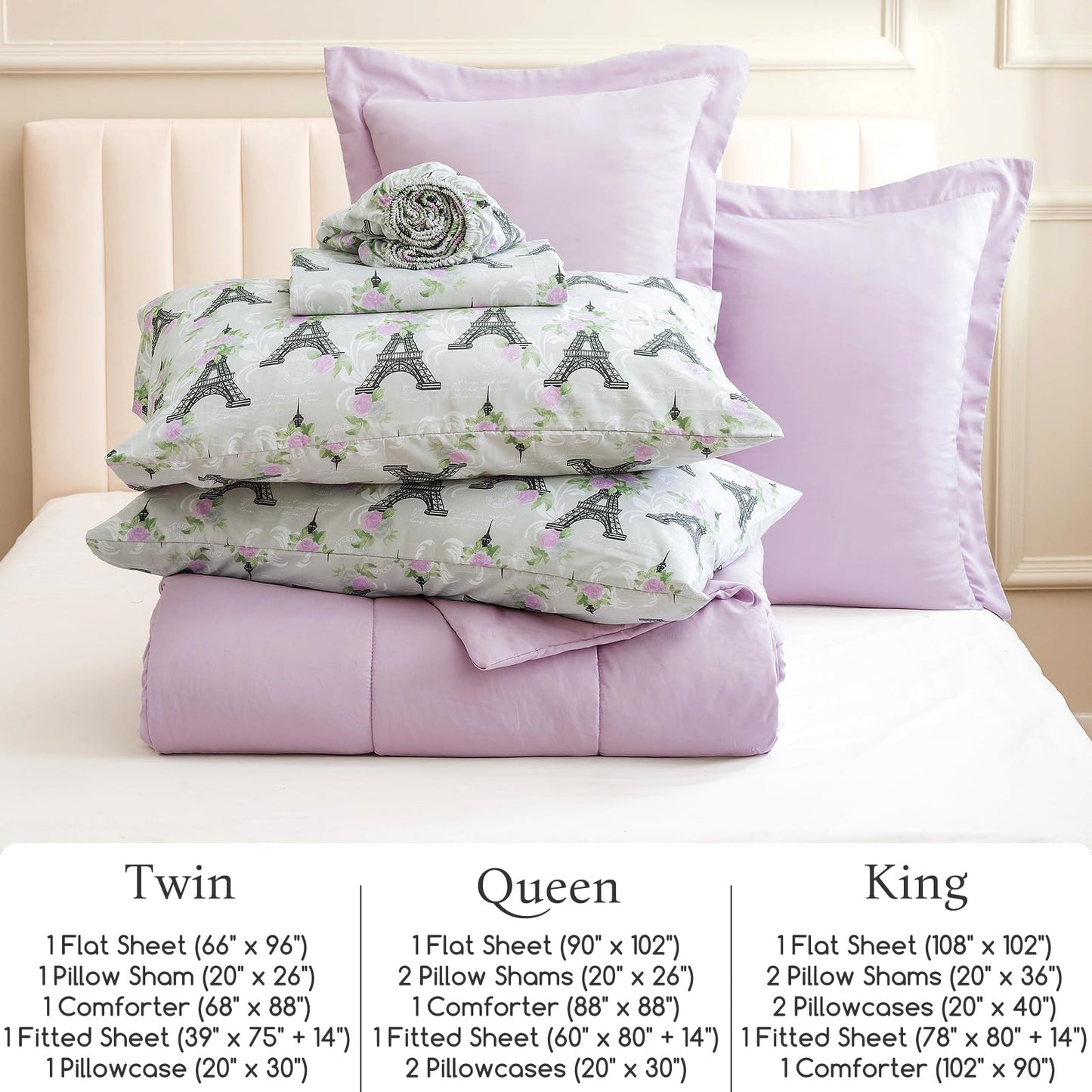 ARTALL Twin Bed in a Bag 5 Pieces, Light Purple Solid Comforter with Eiffel Tower Floral Sheet Set, French Chic Style Soft Bedding Sets with Comforter, Sheets, Pillowcase & Sham for All Seasons