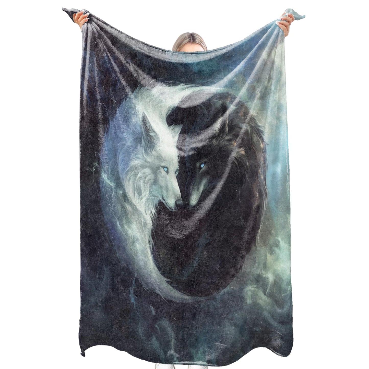 zbezbe Black White Wolf Flannel Blanket Butterfly Mystical Yin Yang Cosmic Cloudy Night Sky Throw Blankets Lightweight Soft for Party Chair Bed Sofa Camping Travel,Home Decor,Gifts Adults,50x60in