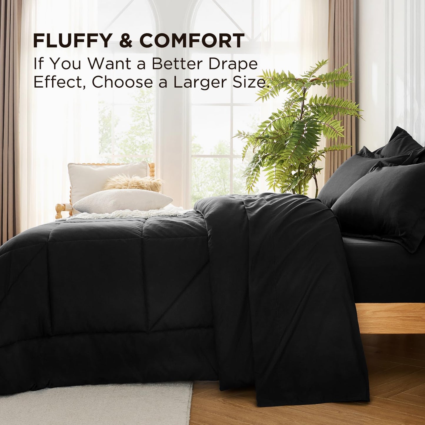 Baskbed 7 Pieces Queen Comforter Set - Utral Soft Microfiber Bedding Set, Thick Duvet Insert Bed in a Bag Without Rustling Noise for All Season, Black (88"x88")