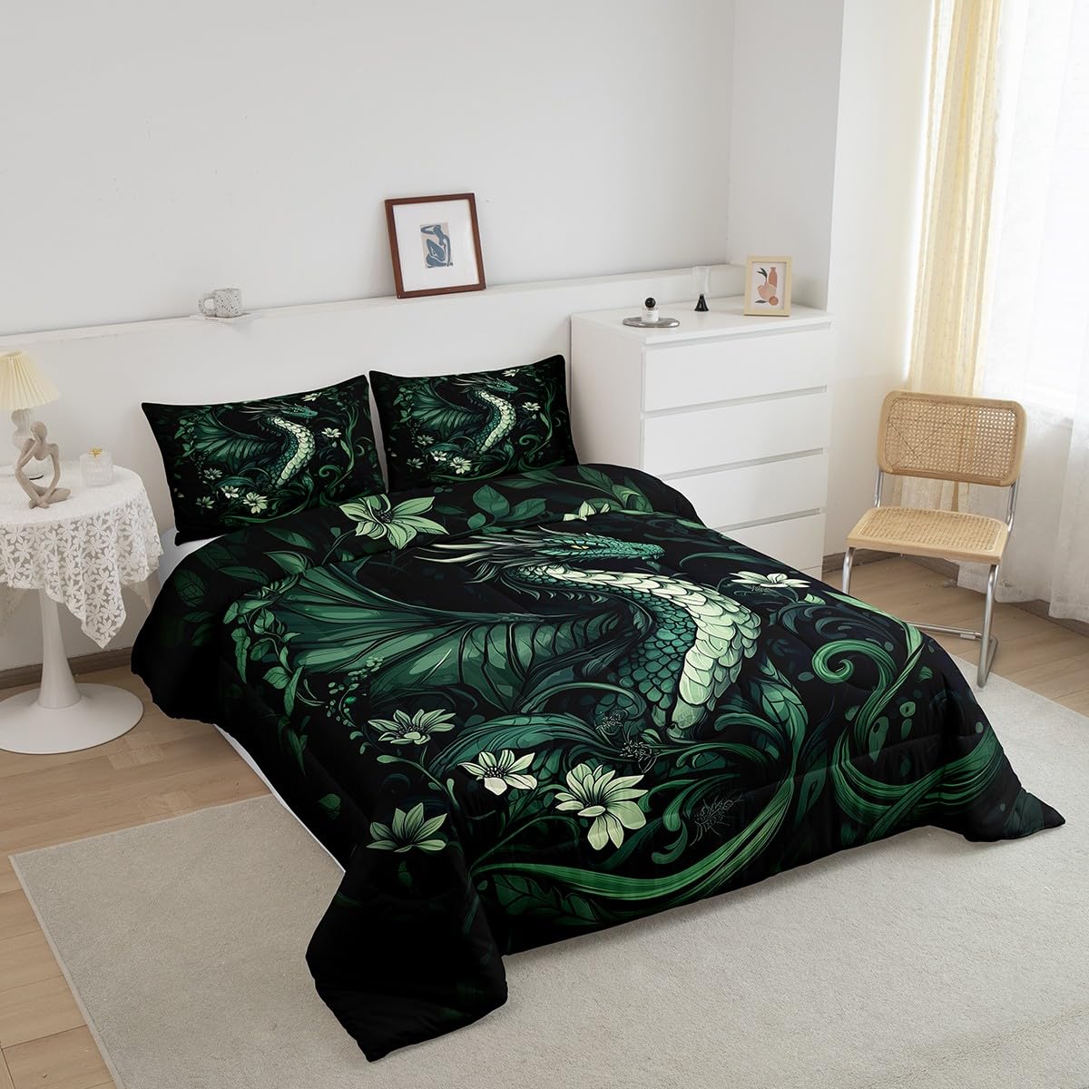 Exotic Dragon Kids Toddler Comforter Sets,Vintage Jungle Wildlfie Reversible Bedding Set for Boys Men Children,Green Leaves Flowers 2 Pieces Quilt Sets,Mystery Safari Animal Duvet Insert,1 Pillow Case