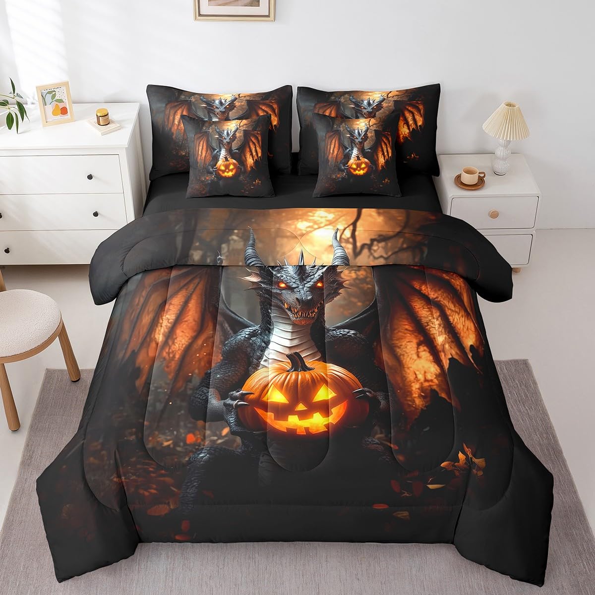 7 Pieces Pumpkin Lantern Dragon Comforter Set Queen,Happy Halloween Bed Set for Kids Boys Girls,Horror Night Bedding(1 Comforter,1 Fitted Sheet,1 Flat Sheet,2 Pillowcases,2 Throw Pillow Cover)