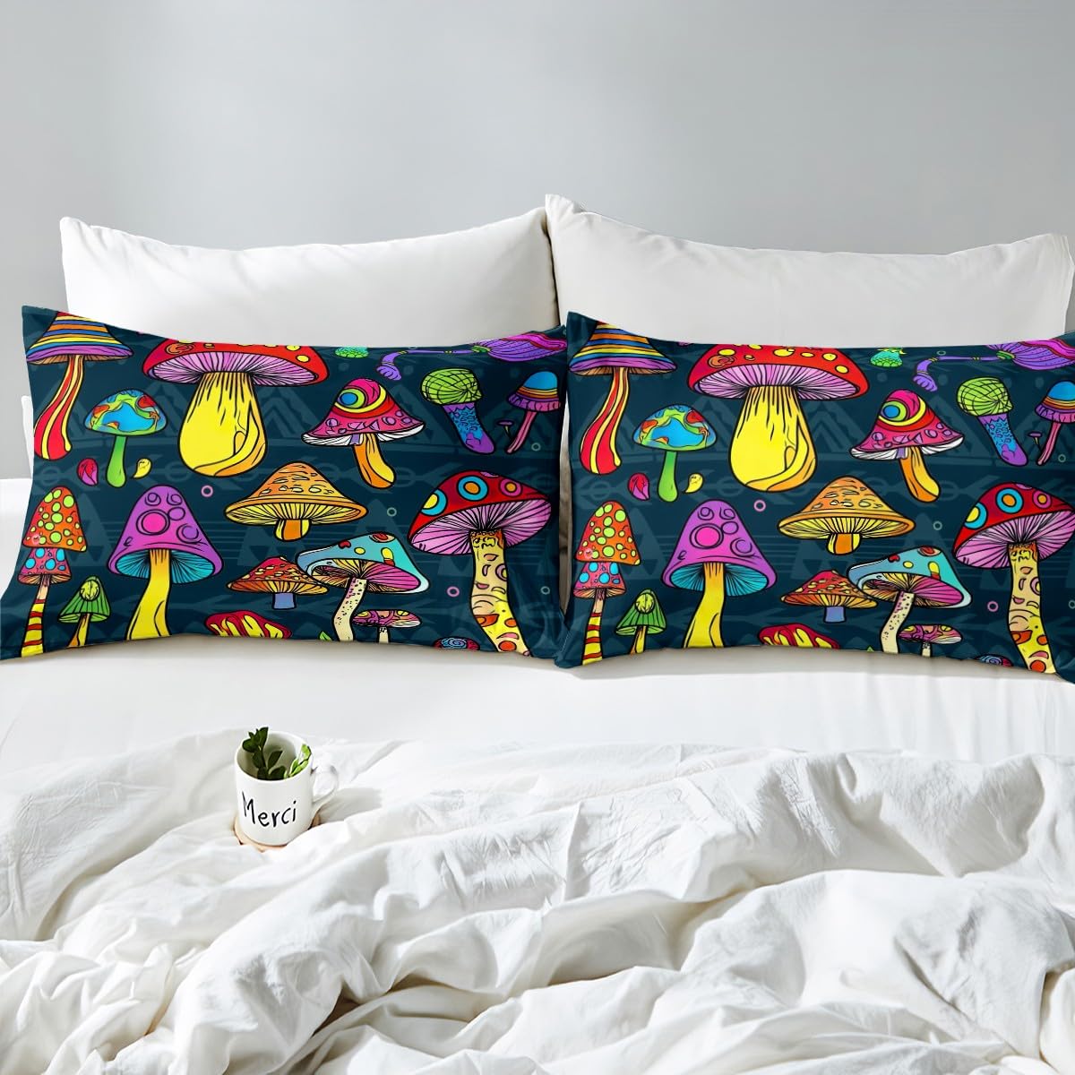 Feelyou Cute Mushrooms Fitted Sheet Botanical Bed Sheet Set Natural Wild Fungus Bedding Kids Queen Size Includes 1 Sheets & 2 Pillowcases (No Flat Sheet)
