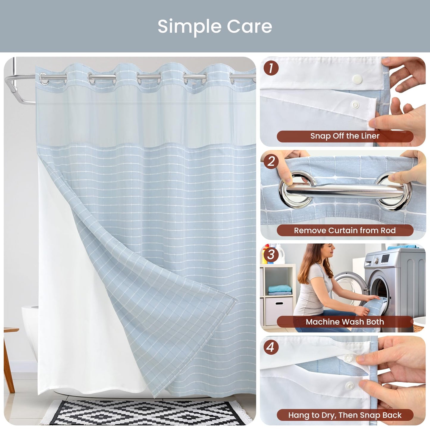 DRIFTED ROOT No Hook Shower Curtain Set with Snap-in Detachable Liner and Mesh Top Window, Grid Jacquard Fabric, Water-Repellent, 4 Hem Magnets, Side Suction Cups, Blue, 72 x 86 Inch
