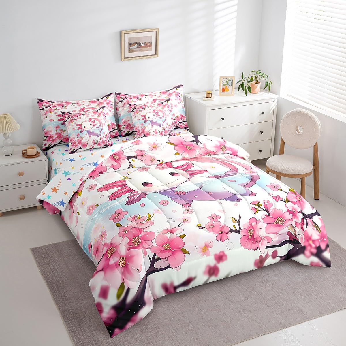 Feelyou Boys Girls Cute Axolotl 7 Pieces Bedding Sets Twin Size, Cartoon Salamander Bed in A Bag Ocean Sealife Comforter Set with Sheets Kids Kawaii Teens Bed Set Bedroom Decor