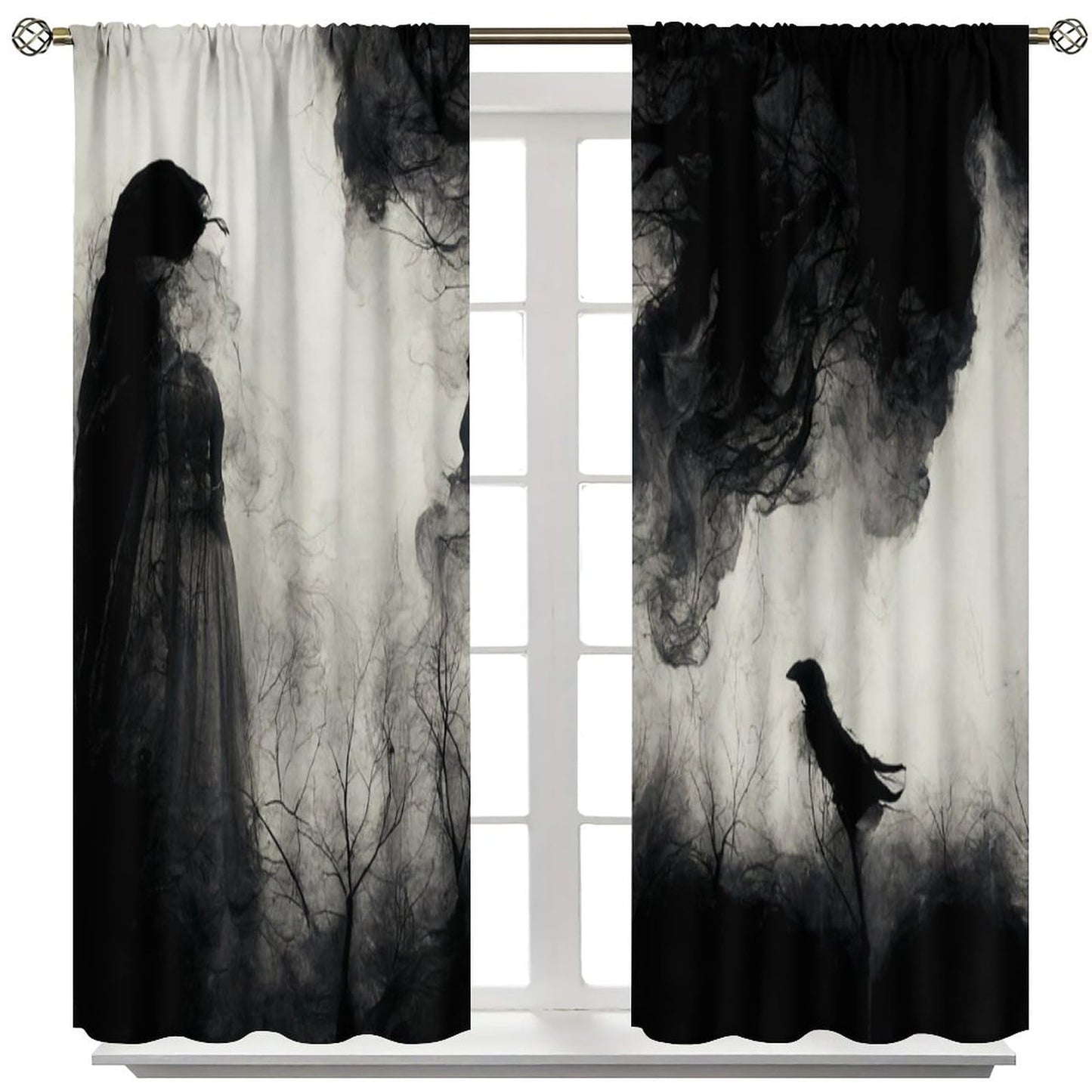 Halloween Misty Forest Curtains, Gothic Foggy Night Silhouette Birds Black Raven Crow Room Darkening Door Window Rod Pocket Curtain for Living Room Bedroom W42xL45in