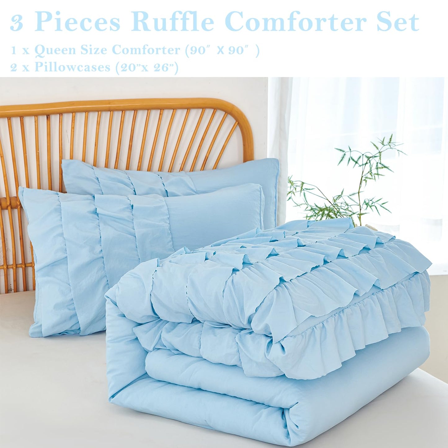 PERFEMET Ruffles Comforter Set 3 Pieces Light Blue Queen Comforter Set Shabby Chic Bedding Sets for Women Teen Girls Fluffy for All Season