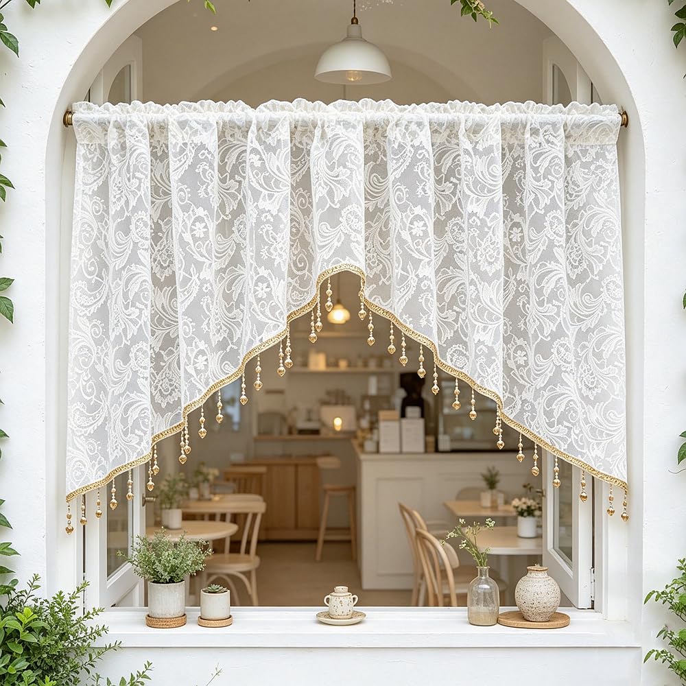 Luxury Victorian Floral White Lace Swag Valance for Arched Door