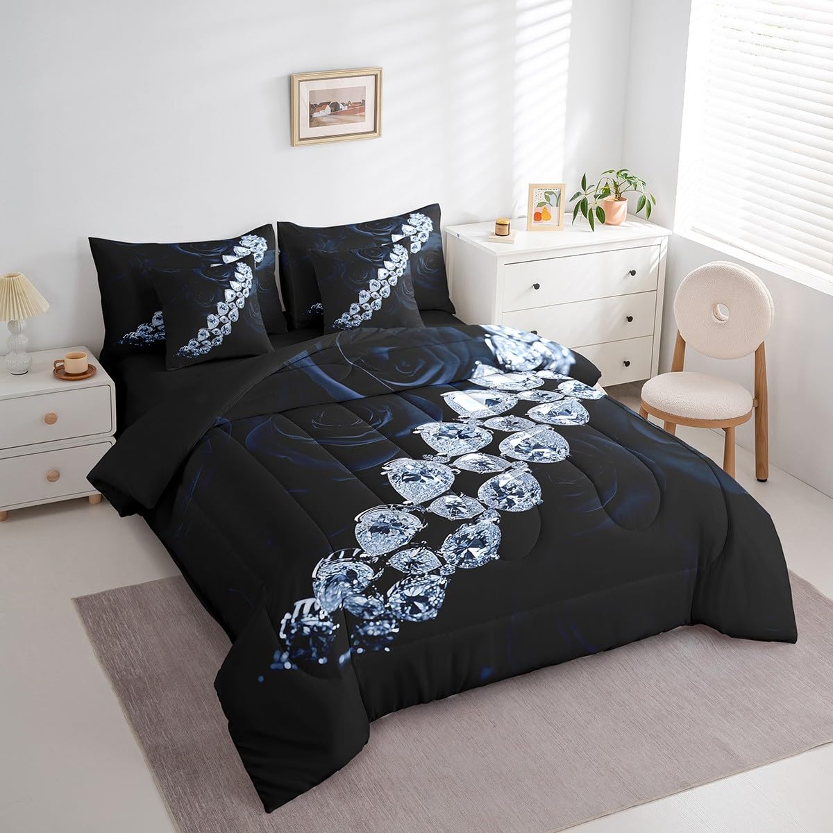 Erosebridal Romantic Rose Comforter Set 7 Piece Bed in a Bag Twin,Luxury Diamond Bedding Sets Botanical Floral Comforter and Sheet Set,Dark Flowers Bed Set