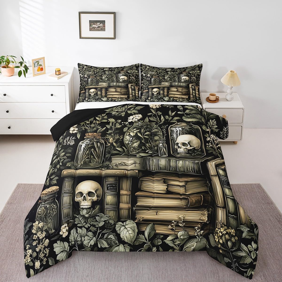 jejeloiu Dark Academia Bedding Set 2Pcs Twin Size Kids Skull Comforter Set for Boys Girls Goth Duvet Quilt Soft Lightweight,Microfiber