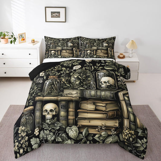 jejeloiu Dark Academia Bedding Set 2Pcs Twin Size Kids Skull Comforter Set for Boys Girls Goth Duvet Quilt Soft Lightweight,Microfiber