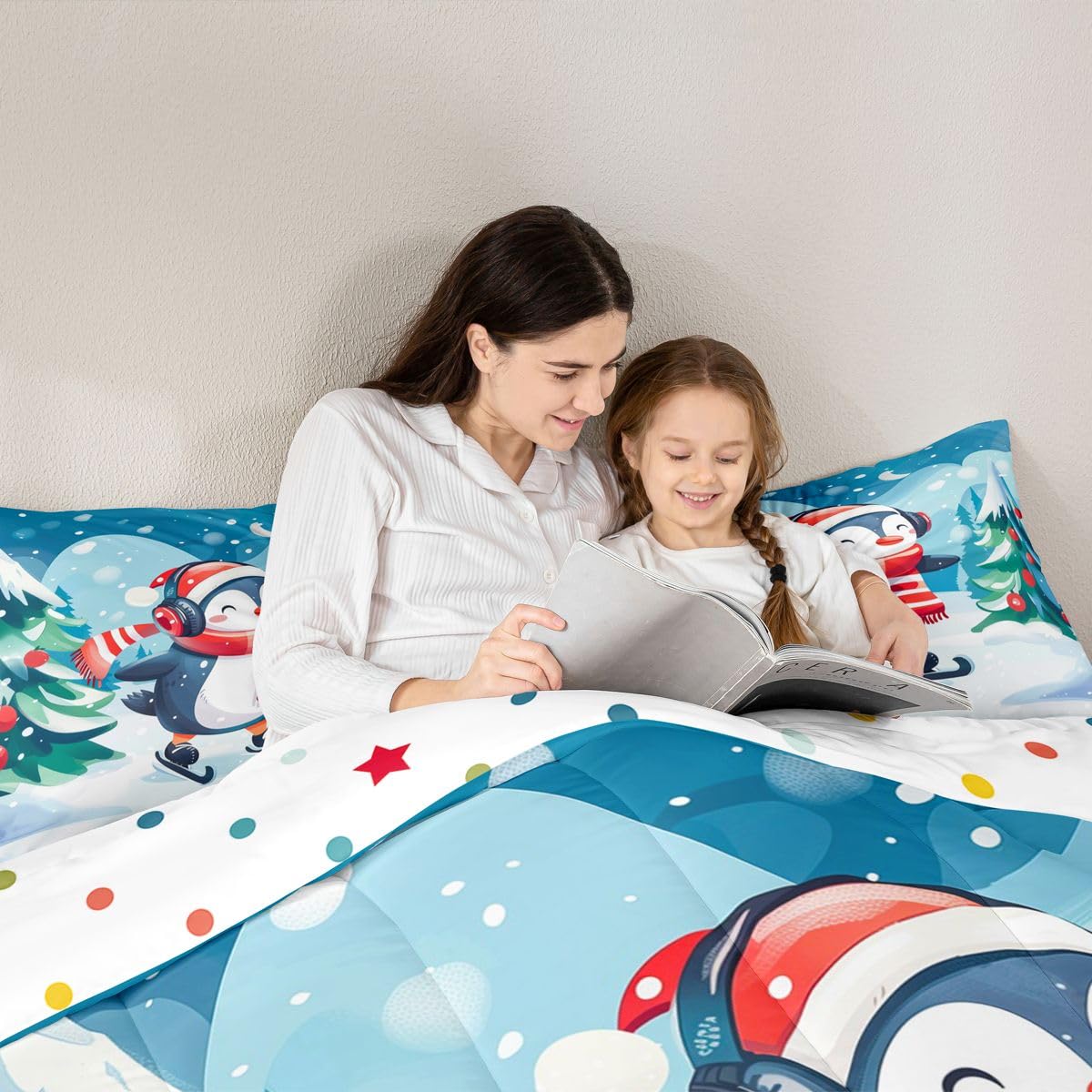 Erosebridal Cute Penguin Kids Comforter Sets Skating Penguin Queen Bedding Set for Boys Girls Antarctic Animal Sports Comforter Set,Winter Snowy Forest Quilt Duvet 3 Pcs