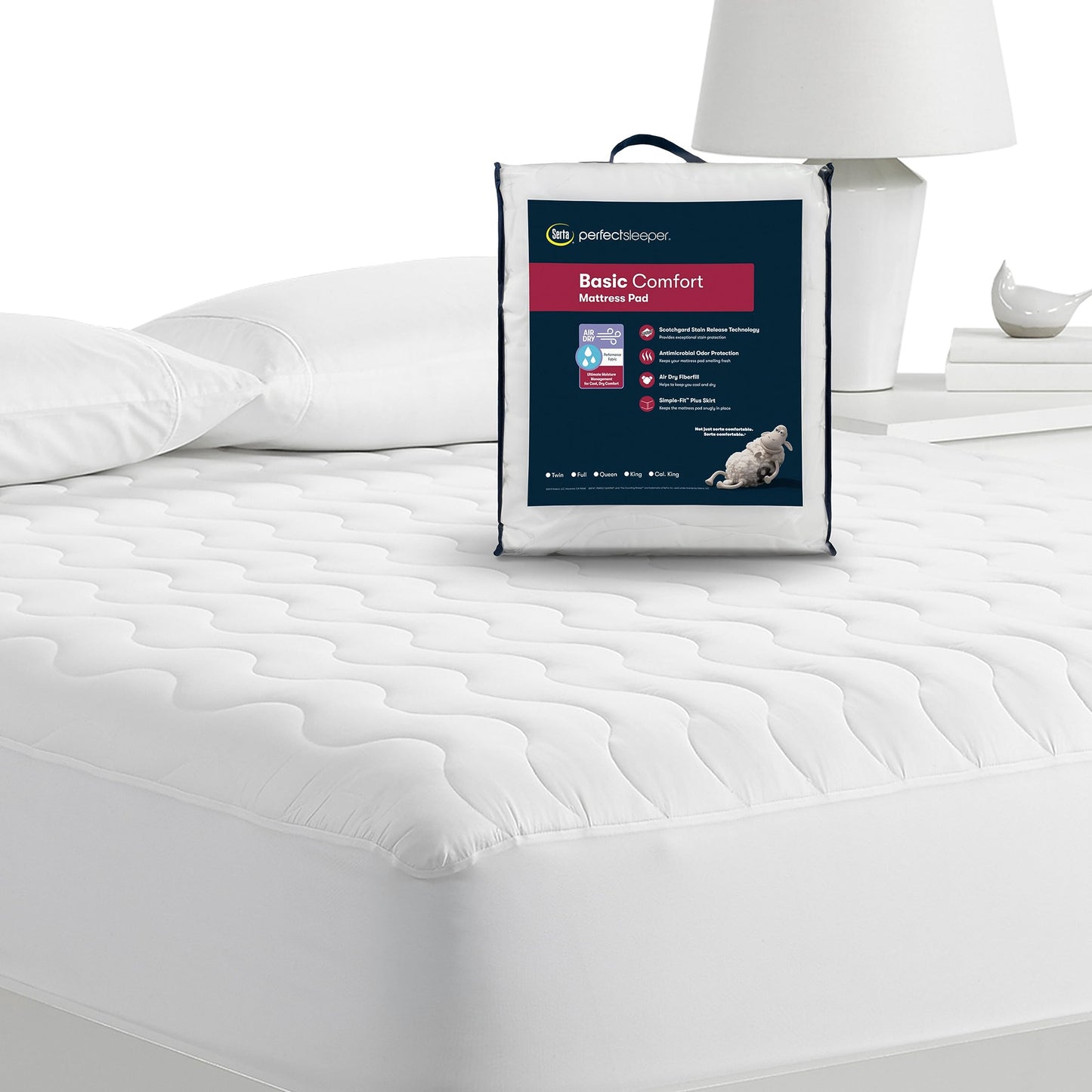 Serta Air Dry Basic Comfort Performance Fabric Quilted Mattress Pad, Cooling and Breathable Mattress Cover, Moisture Wicking Protection with 15" Deep Pocket, Full, White