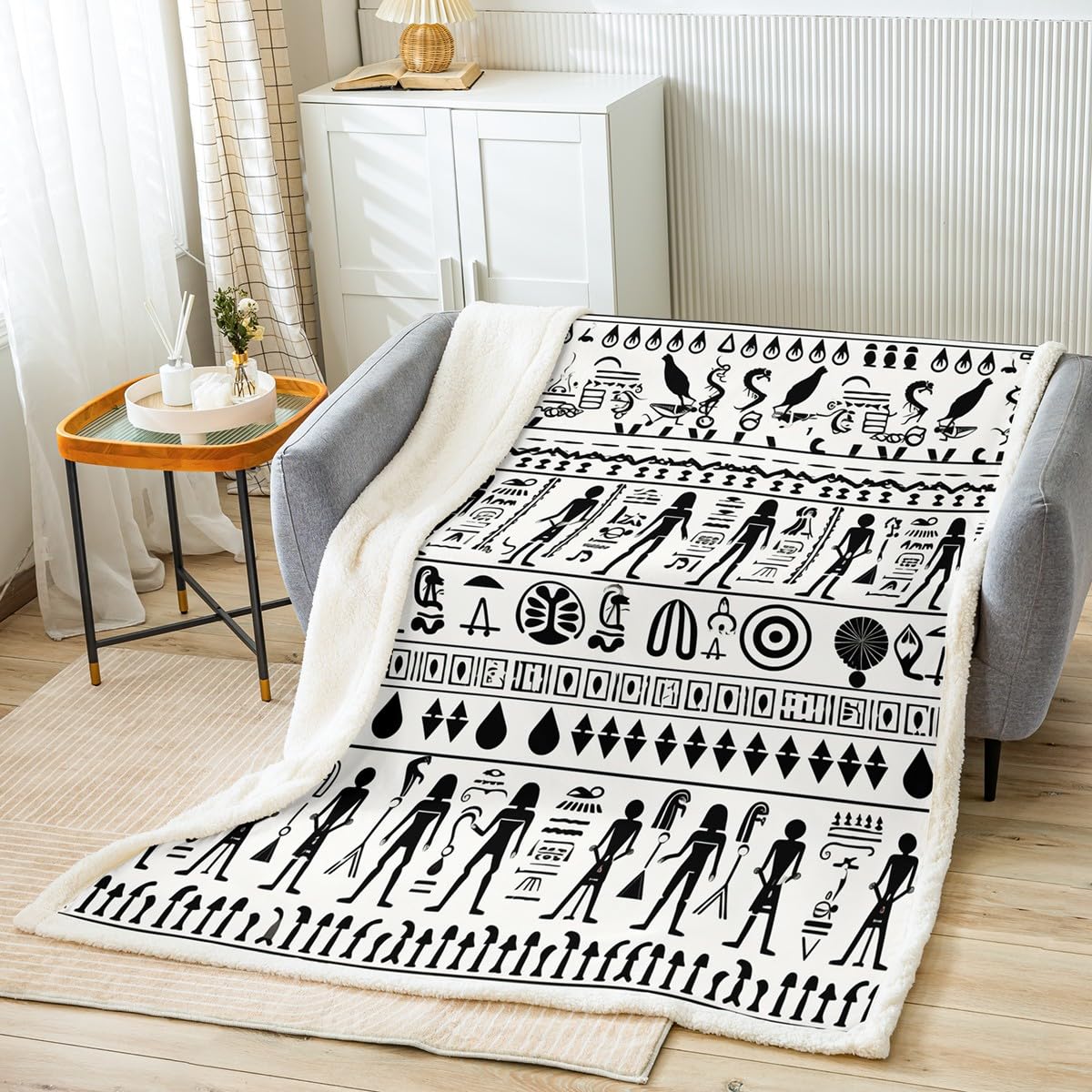 Feelyou Ancient Egypt Sherpa Blanket Egyptian Pyramid Fuzzy for Sofa Bed Couch Egypt Culture Fleece Throw Blanket Tribal Stripe Decor Plush Flannel 50"x60"