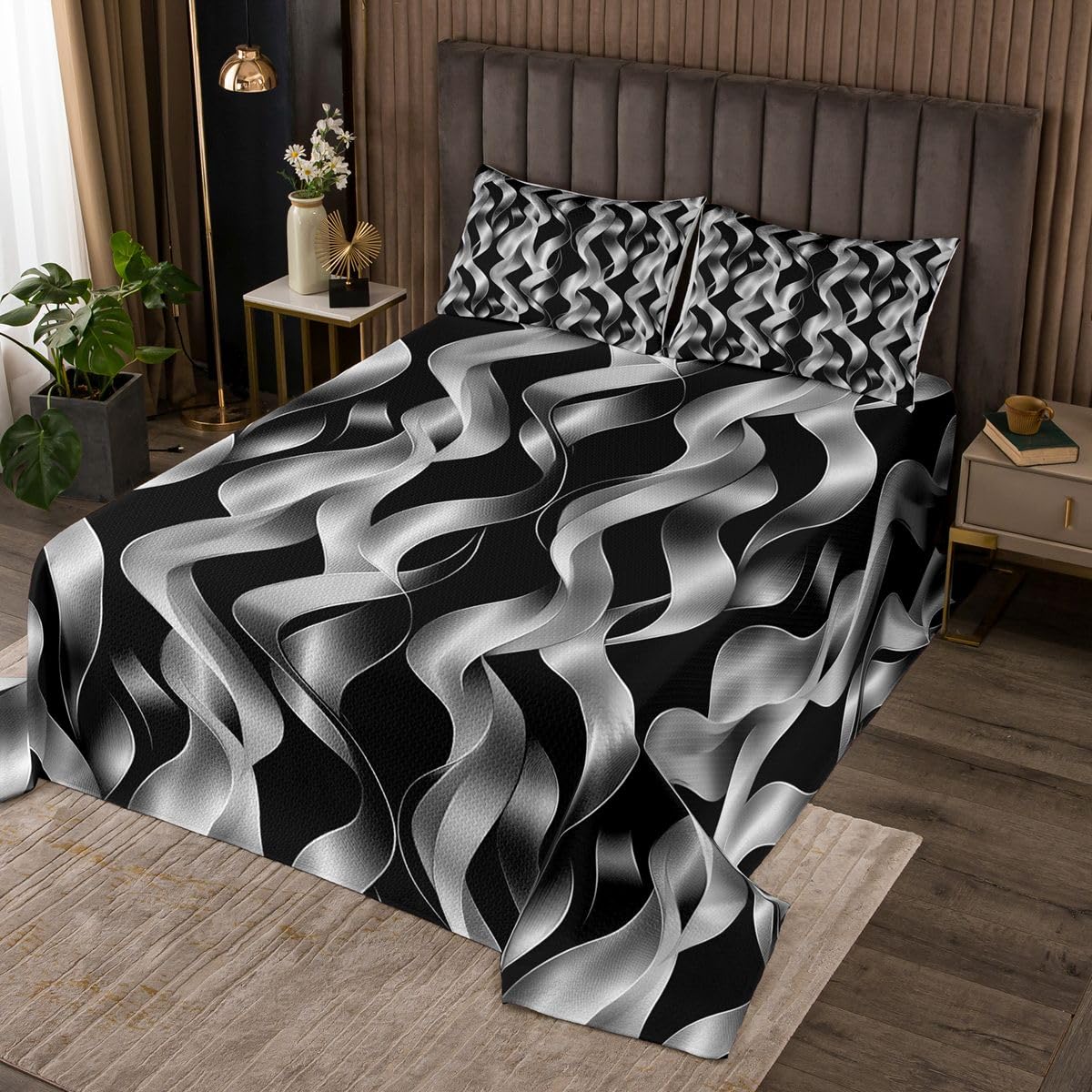 jejeloiu Modern Abstract Geometric Bedspread 3 Pieces Queen Size Geometric Spiral Pattern Coverlet Set Soft Cozy Black Lightweight Quilted Coverlet for All Season with 2 Pillowcases Modern Striped
