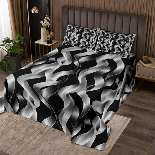 jejeloiu Modern Abstract Geometric Bedspread 3 Pieces Queen Size Geometric Spiral Pattern Coverlet Set Soft Cozy Black Lightweight Quilted Coverlet for All Season with 2 Pillowcases Modern Striped