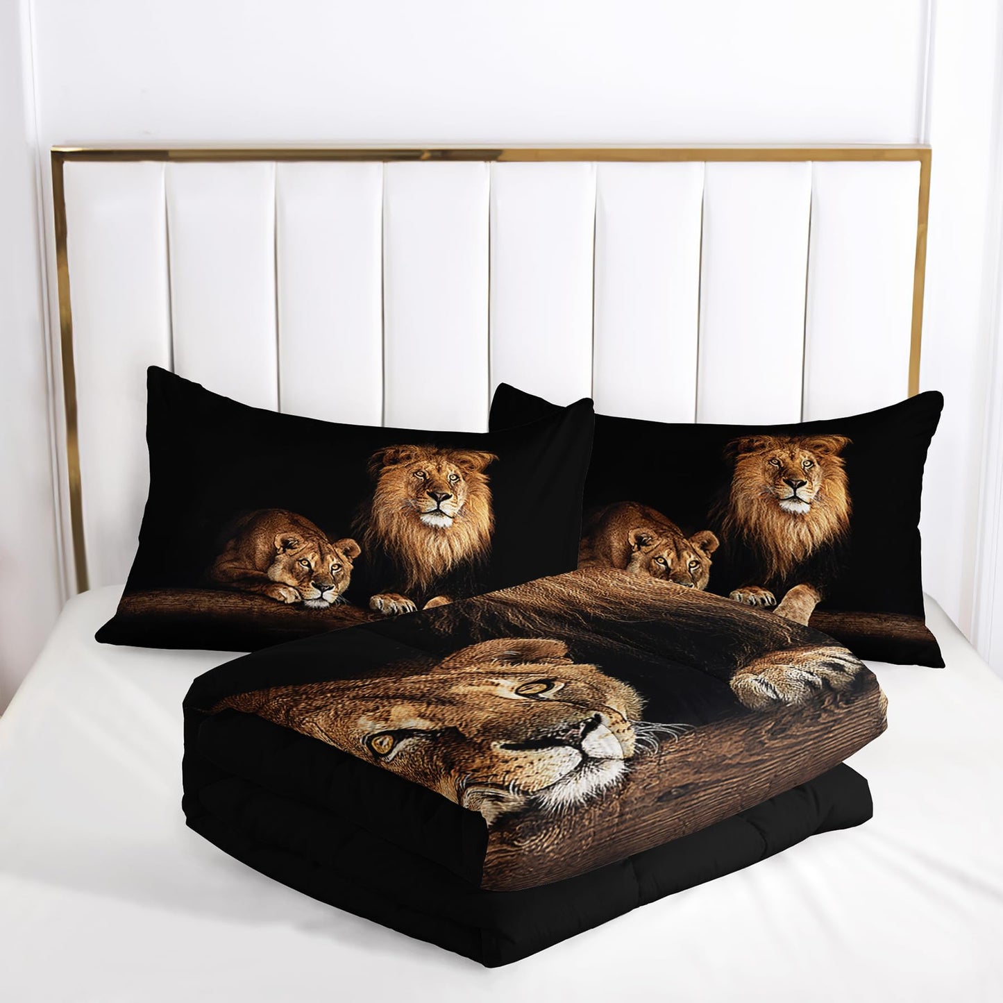 Tuzaovy Lion and Lioness Comforter Set Queen Size,Lion Bedding Set Queen,Queen Animal Print Black Comforter Set,Tropical African Animal 3D Print Bedding Black Bed Set